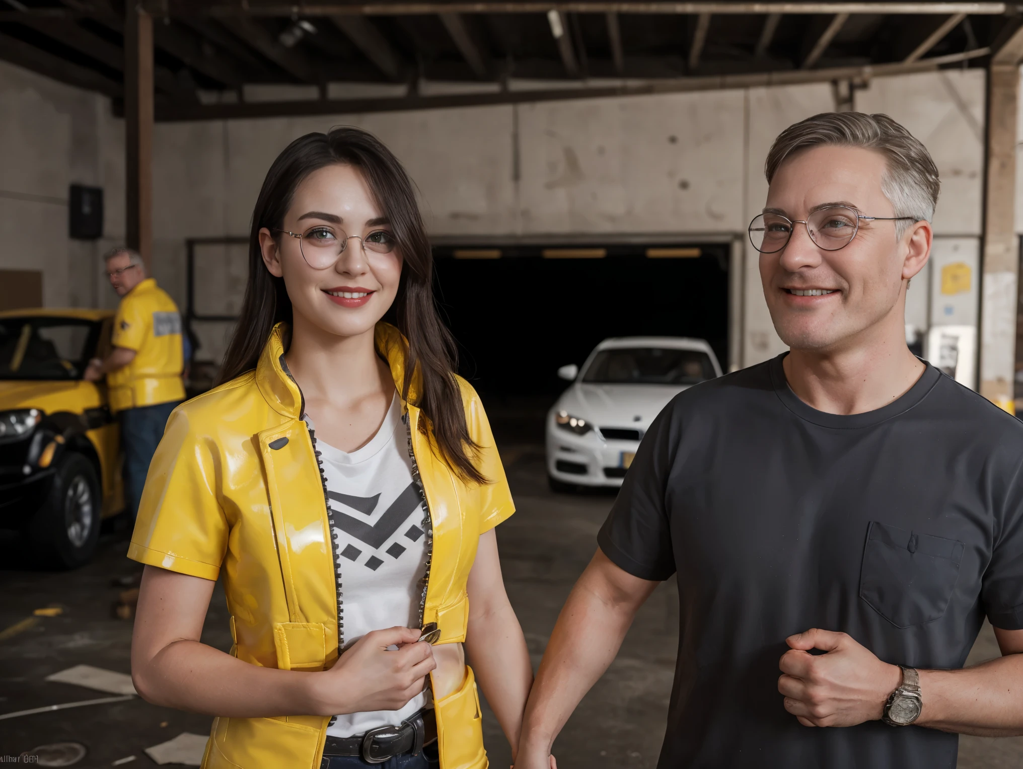 (masterpiece), best quality, expressive eyes, 8K, HD, perfect face, germanic girl, smoked eyes, black hair, brown eyes,(high quality eyes), streak hair, indoors, yellow latex jacket, looking at viewer, workshop, collarbone, technician, cold temperatures, valorant, garage clothing, family, manger, killjoy shirt, smiling, ((((holding hand with her german dad), garage, slim body, pov, circle glasses, short sleeves shirt, 1girl, 1boy, a daddy