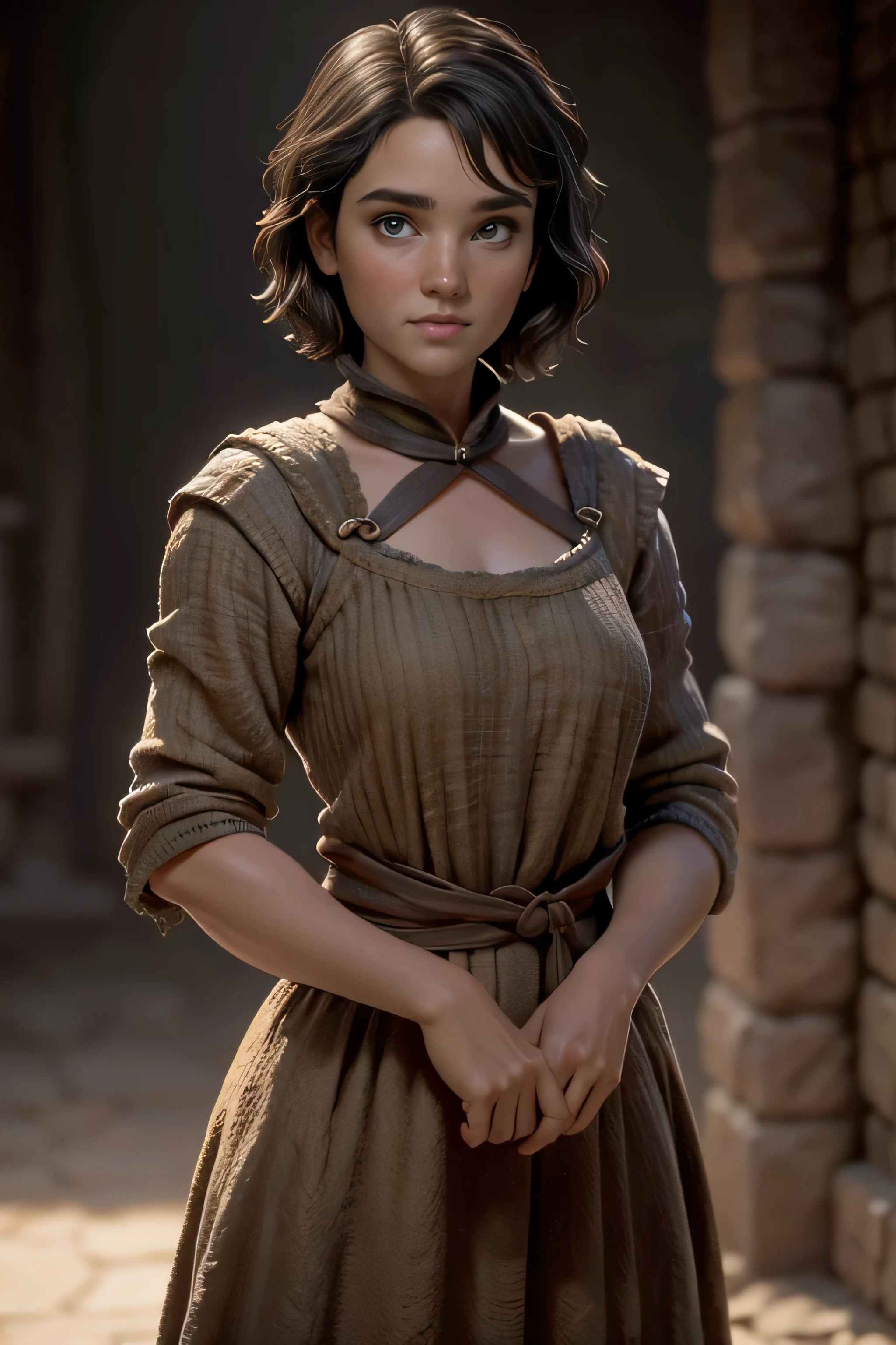 Peasant woman from " Game of Thrones", short hair , brown eyes, Confident and determined , firm stance, safe expression, Natural lighting, ultra resolution , plain white background , without patterns, No textures.