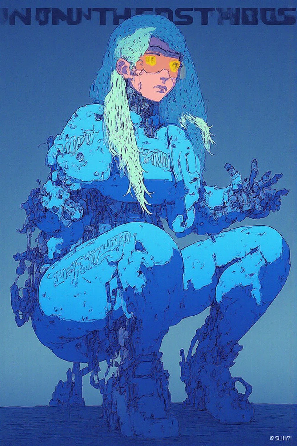 (masterpiece), Highest quality, One girl, Part your lips, Shiny metallic texture, ((Grainy Halftone Screen,POP ART,Grunge,Vaporwave)),((Lichtenstein-style drawing)),(blue eyes,Colorful hair colors,Twin tails)