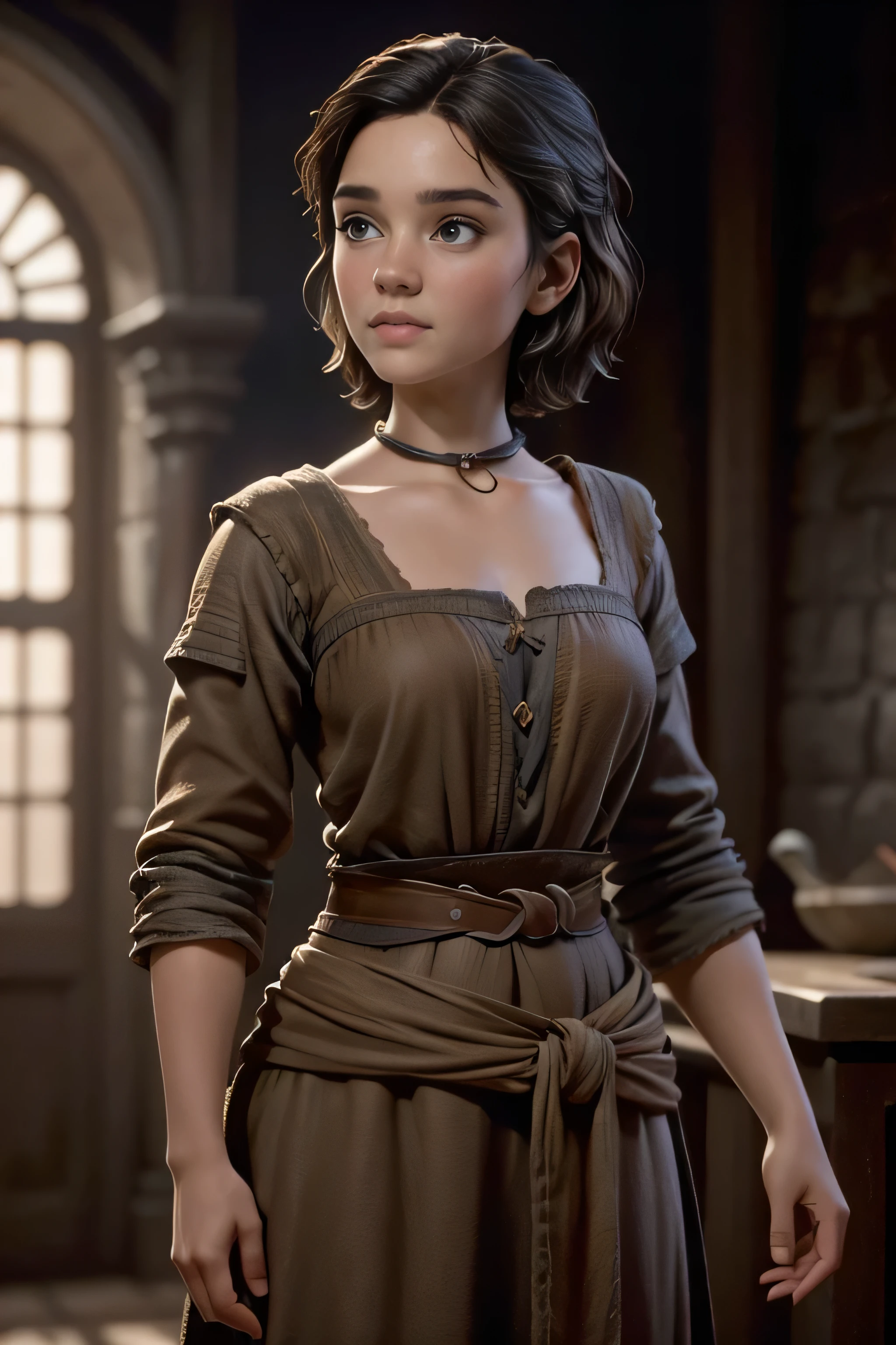 Peasant woman from " Game of Thrones", short hair , brown eyes, Confident and determined , firm stance, safe expression, Natural lighting, ultra resolution , plain white background , without patterns, No textures.