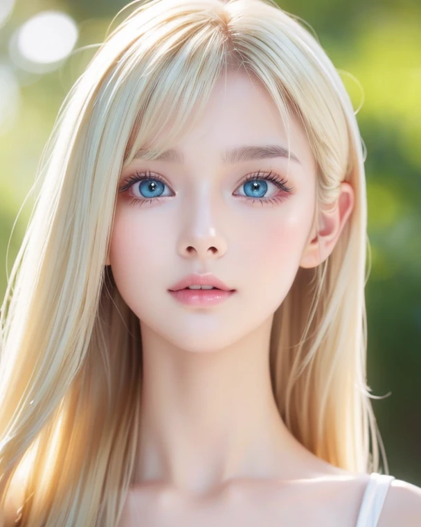 Mastepiece, Best Quality, Photorealistic, Super detailed, Fine details, High resolution, 8k wallpaper, RAW color photos, Professional, High level of detail, Beautiful girl with beautiful platinum blonde super long straight long silky hair. Long bangs between the eyes,、Sharp Focus, Award-winning photography, (Emerald green dress), (Cleavage), (Facing forward), (View your viewers), Small light, Low Contrast, Facial symmetry, Depth of written boundary, Movie Background, Center image, Softly lit, (Fine skin), Pale skin, Gloss Face、Cheek gloss、Realistic skin textures, Extreme Skin Detail、Bright pale marine blue eyes、The front of the face is good