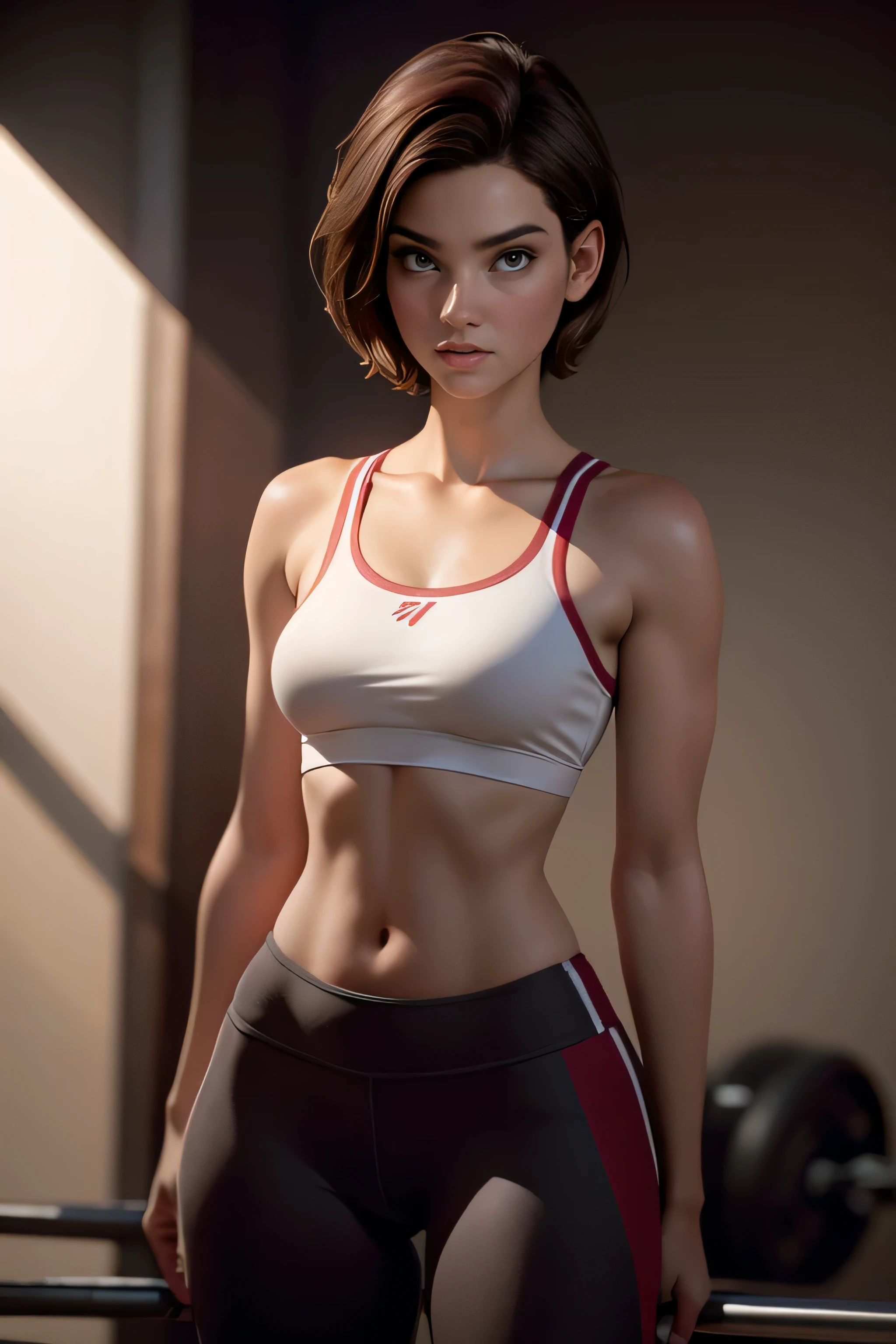 Slender young woman , deep red short hair , brown eyes, firm stance, athlete, dressed in gym clothes, dedicated instructor , Natural lighting, ultra resolution , plain white background , without patterns, No textures.