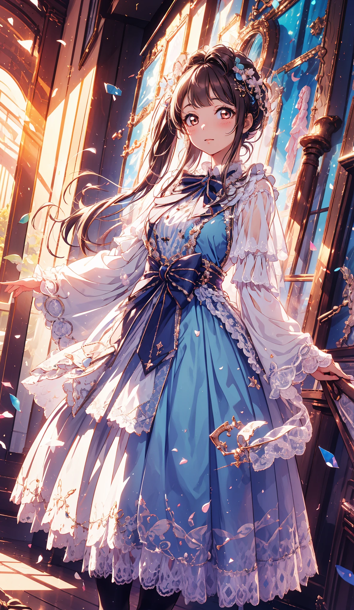 (     Best Quality  ,4K,8K,       high resolution      ,    masterpiece:1.2),     Very detailed,  charm , （Her golden eyes   ，    has brown hair    ）,enchanting,joy, Holy Goddess , Transparent clothing，Lilac clothing，    magical visual effects   ,宴会礼服, Royal Family，    Delicate Decor,  fantastic features    ,    Delicate Garments,    tiered skirt   ,Delicate lace,   Delicate ruffles   ,  psychedelic background   , unique ,At night,     lace pantyhose     ,神圣条纹,   Clear clothes     ,     Jewelry Decoration    ，   fantastic costumes and vibes 