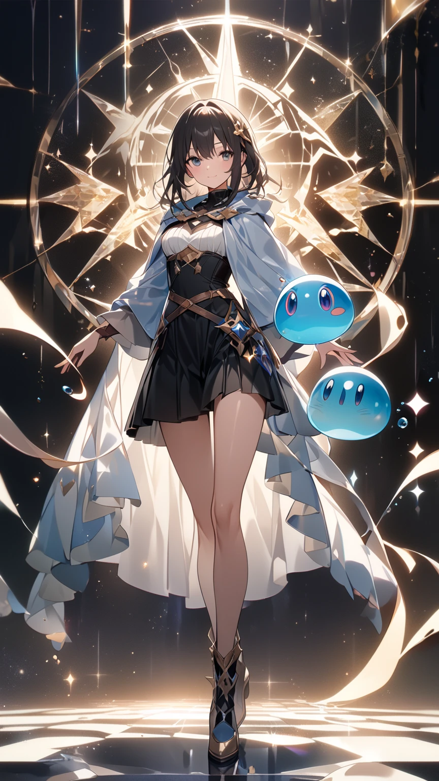best quality, extremely detailed, anime style adult 1girl, long hair down to the waist, straight hair, ((dark black hair with bluish)),crown braid,beautiful detailed eyes, pinched eyes, dark blue eyes, huge breasts,curvy,(((bunny motif magical dress))),longskirt,Clothing with intricate decorations,feather and colorful accessory,((foppery shoes)),fluttering cloak,animation cap,animated gif,