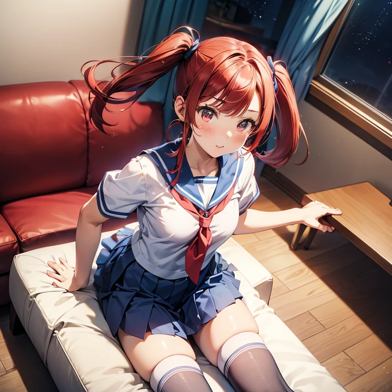 ore no imouto ga konna ni kawaii wake ga nai, 25-yers-old girl with crimson red hair- pulled up into twin ponytails, wearing a blue sailor suit and pleated skirt, long thigh length socks, living room at night background,