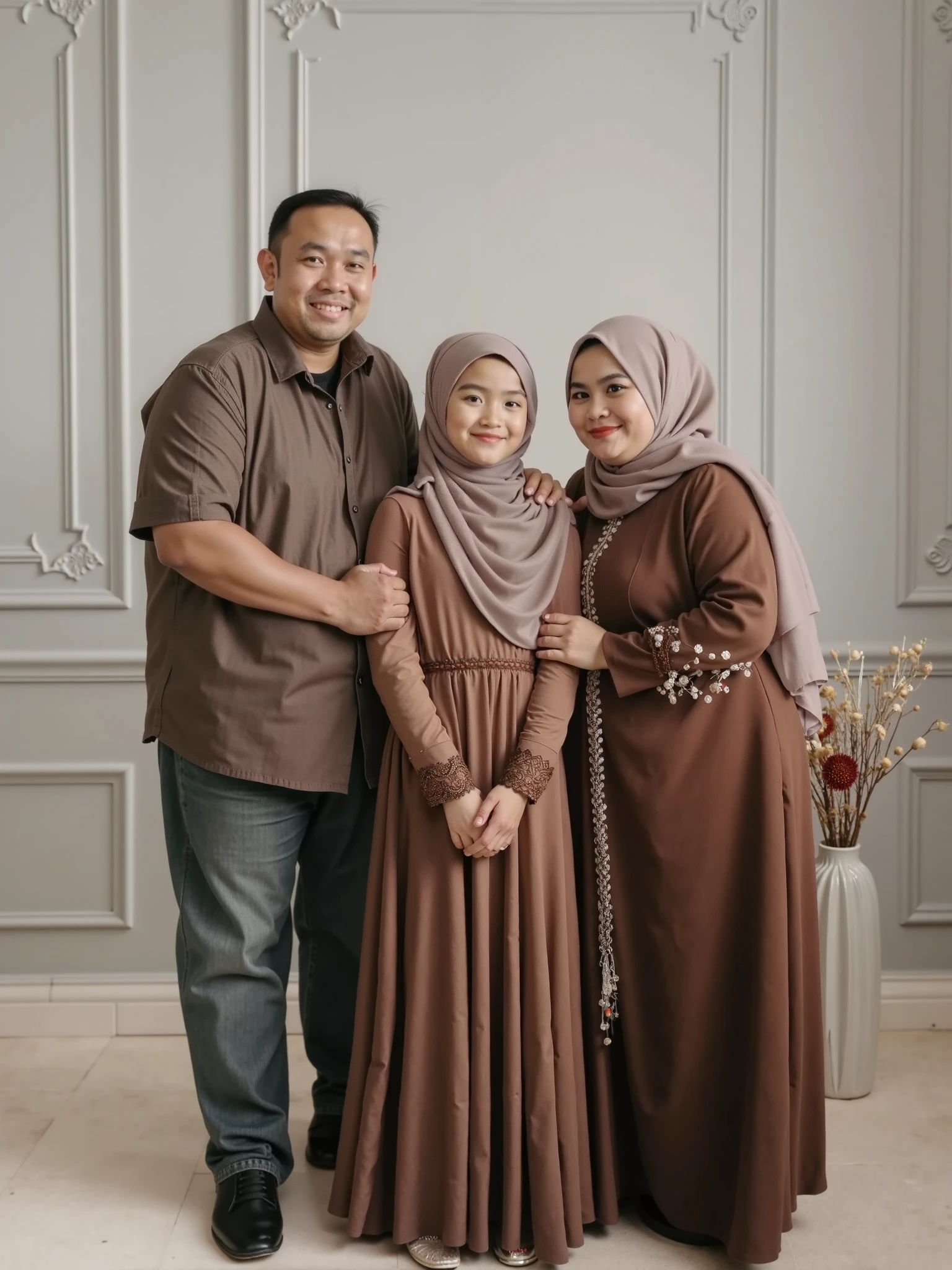 there are two women and a  sitting on the floor, hijab, an indonesian family portrait, happy family, by Basuki Abdullah, inspired by Nazmi Ziya Güran, modest, mother, husband wife and son, muslim, inspired by Fathi Hassan, inspired by Shaddy Safadi, innocence, realism art, with a kid, full protrait, malaysian