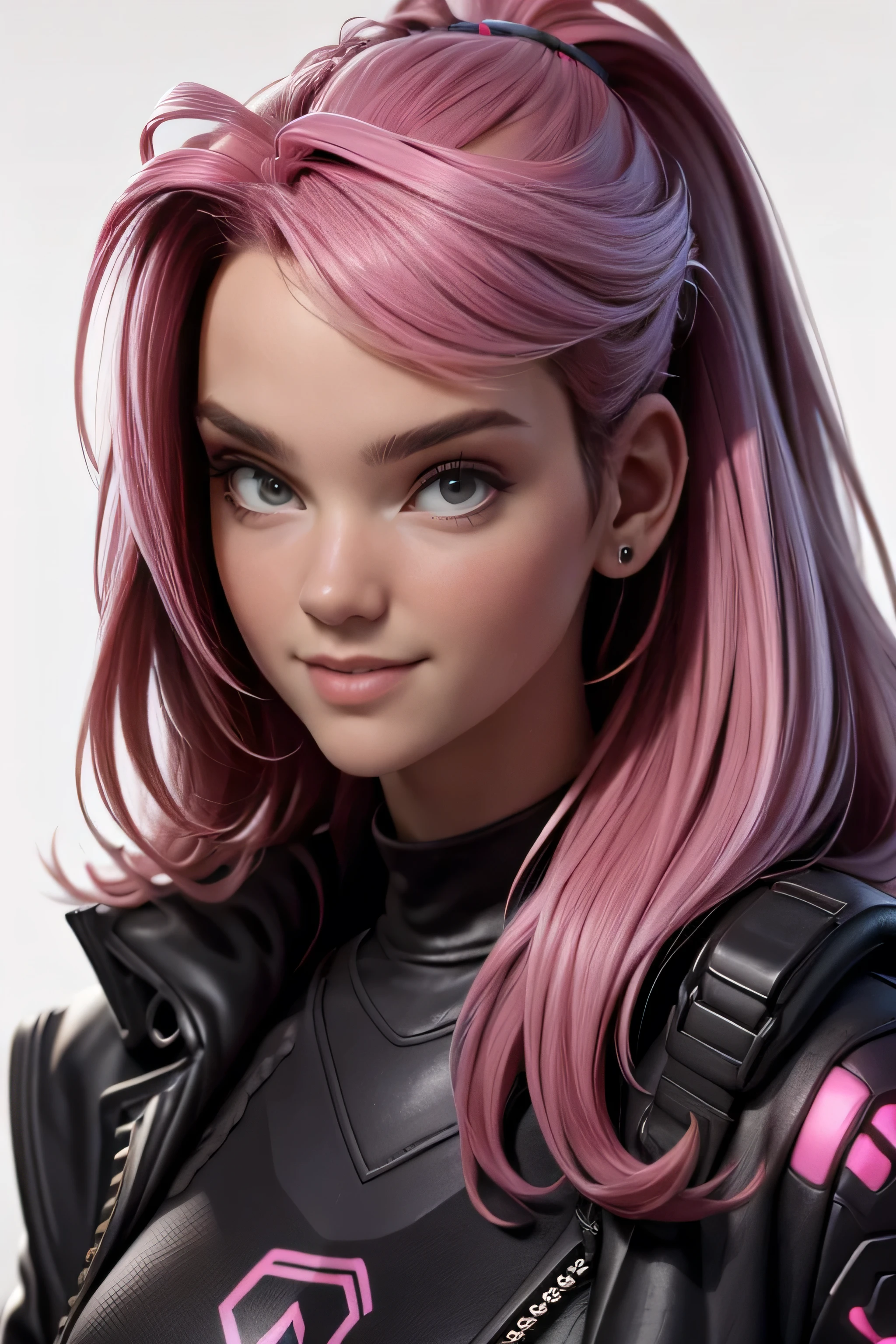 Cute girl with pink hair, black sweatshirt, AuriculAres, cyberpunk,  looking at the spectator, hair band,  seductive pose ,  Slim Body Coats,  seductive smile ,  Natural lighting,  ultra resolution ,  plain white background , without patterns, No textures.