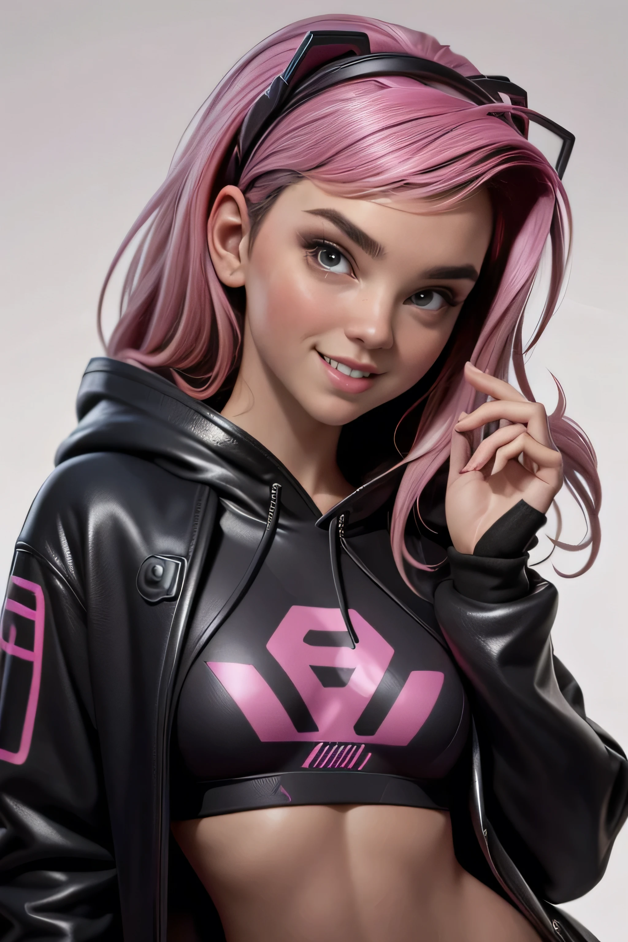 Cute girl with pink hair, black sweatshirt, AuriculAres, cyberpunk, looking at the spectator, hair band, seductive pose , Slim Body Coats, seductive smile , Natural lighting, ultra resolution , plain white background , without patterns, No textures.