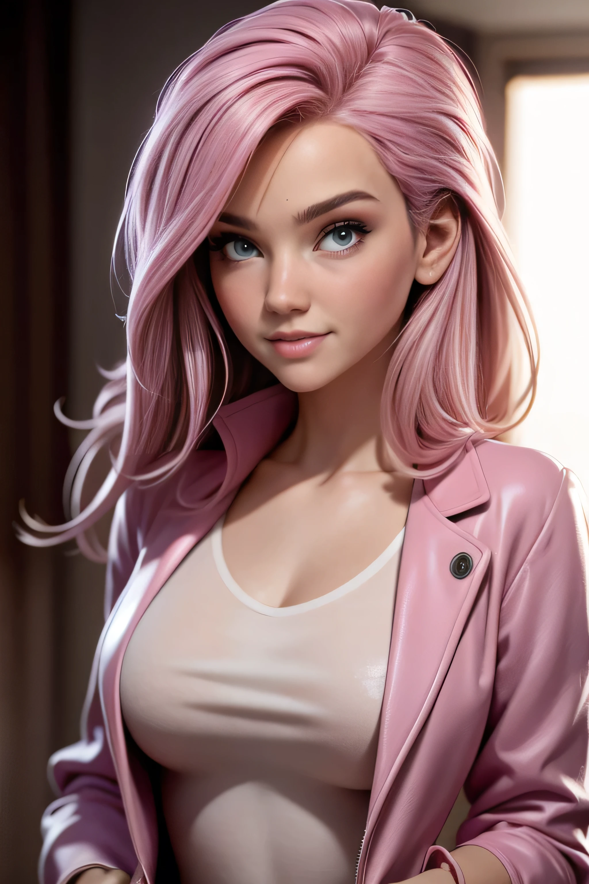 Young woman, light pink hair, violet eyes,  wry smile, short jacket,  well-fitting blouse ,  Slim Body Coats, super model,  Natural lighting,  ultra resolution ,  plain white background , without patterns, No textures.
