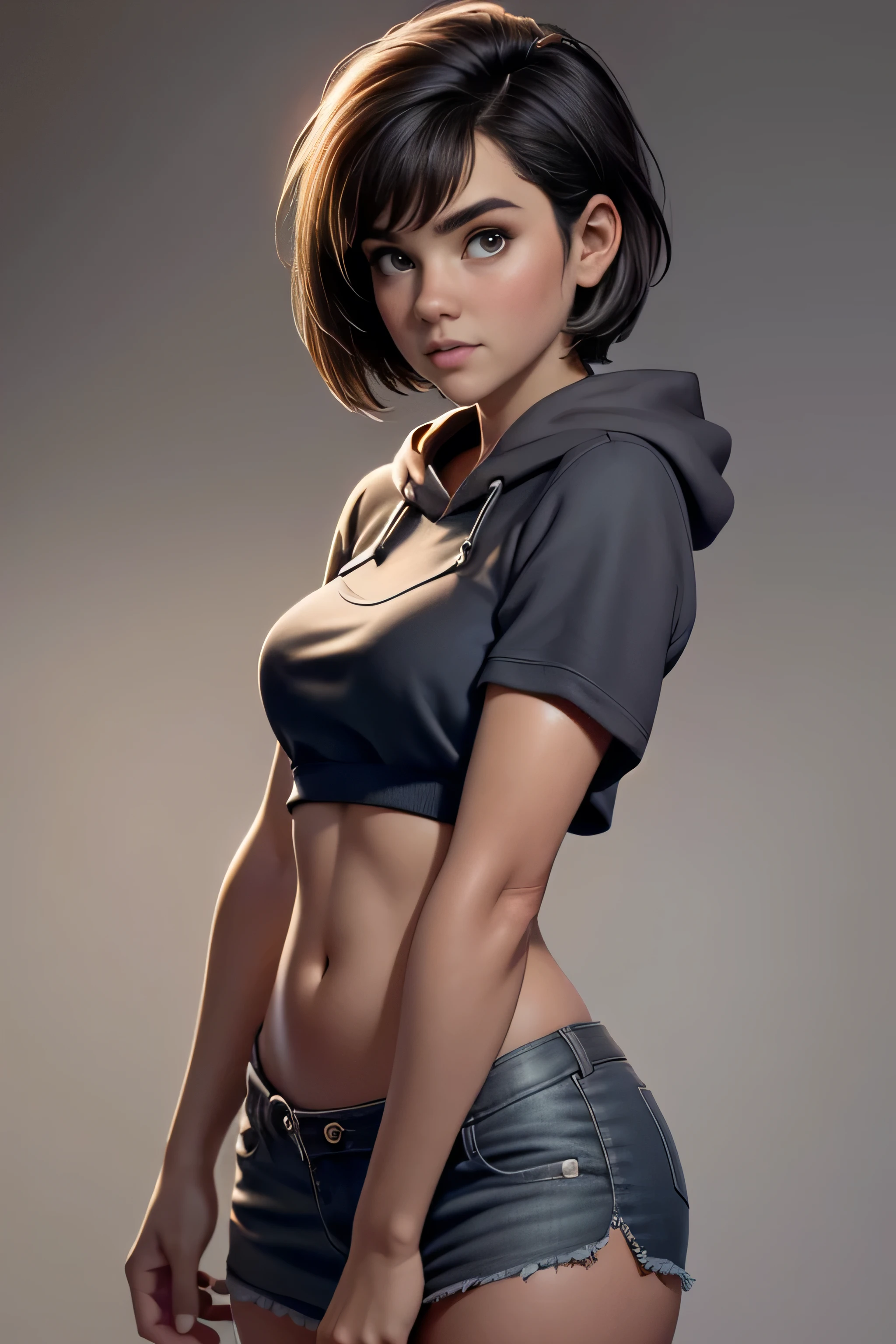 Young woman, blue tube top , Black miniskirt,  brown knee-high boots, gray hoodie sweatshirt,  short hair ,  Natural lighting,  ultra resolution ,  plain white background , without patterns, No textures.