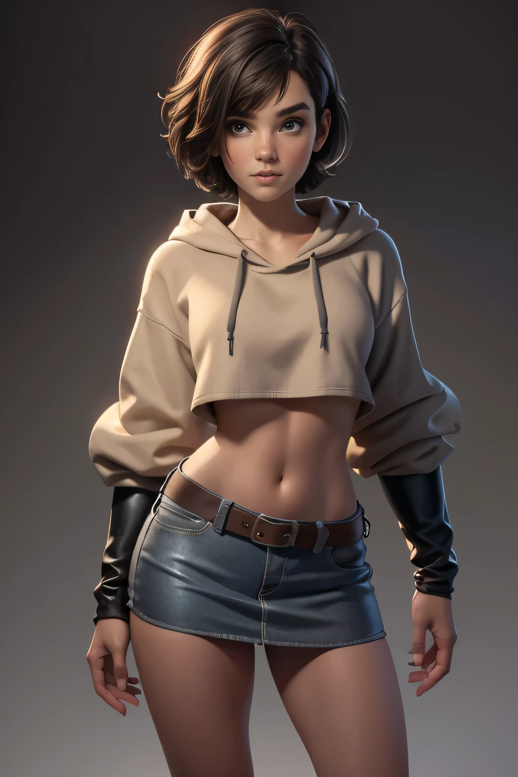 Young woman, blue tube top , Black miniskirt,  brown knee-high boots, gray hoodie sweatshirt,  short hair ,  Natural lighting,  ultra resolution ,  plain white background , without patterns, No textures.
