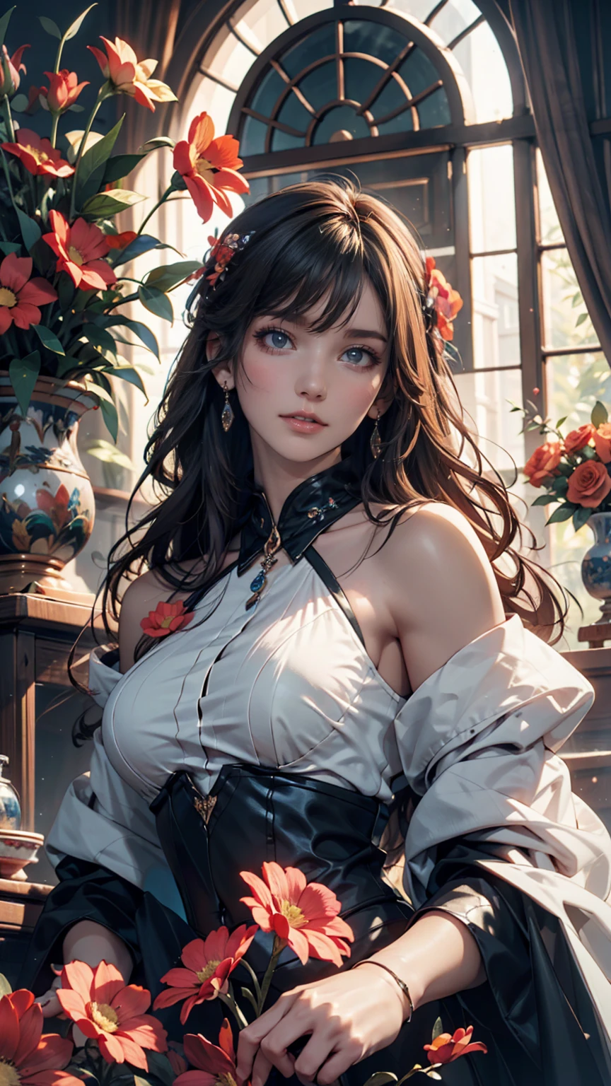 There is a woman in a white dress with a crown on her head., a Beautiful fantasy queen, ((Beautiful fantasy queen)), Portrait of a Princess,((Luxurious Picture Frame)) Works of art in the Gubes style. 5D CGI Anime Fantasy Artwork, 8K high definition detailed art、Red lipstick
