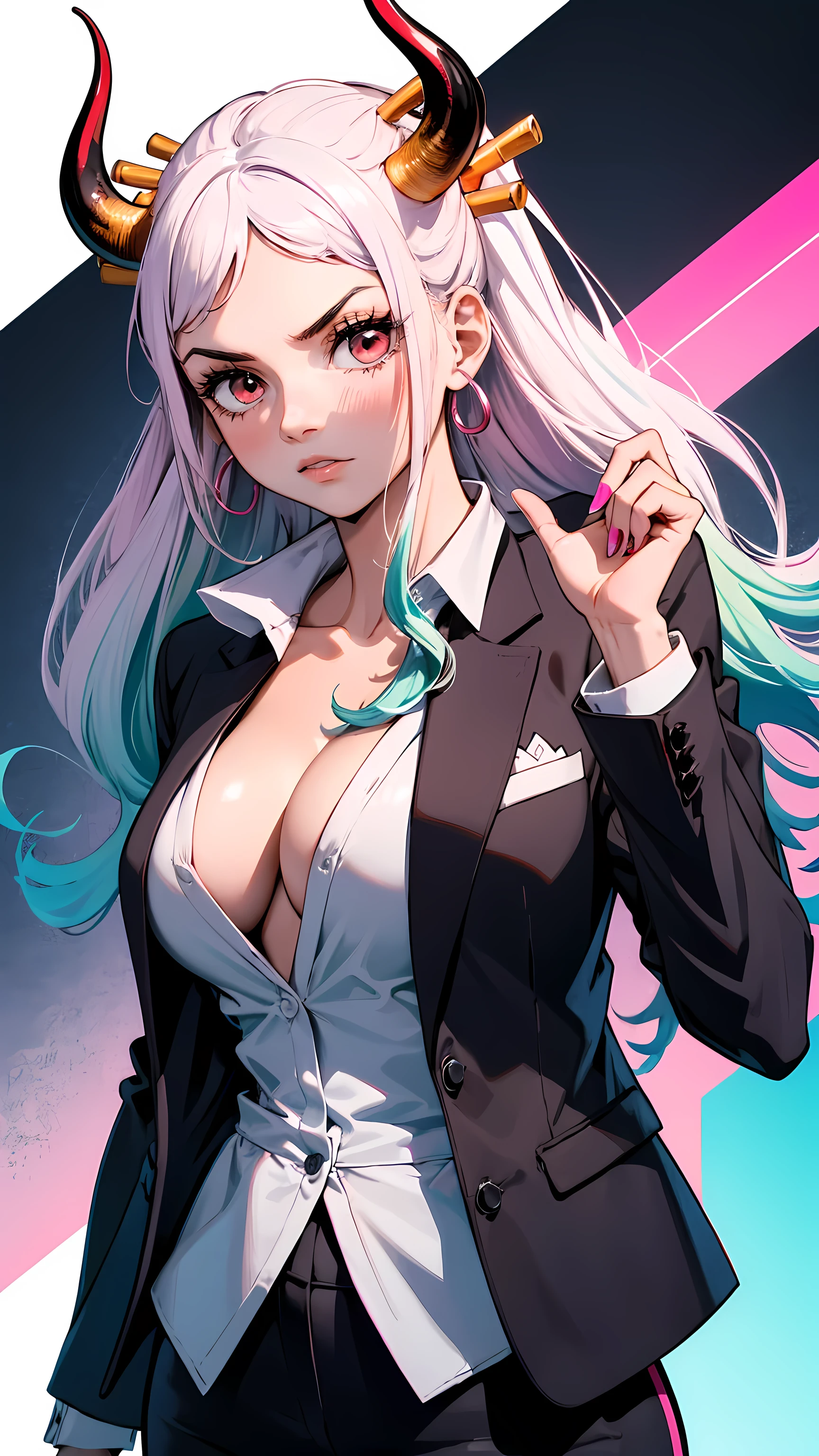 Pastel colors, bold black outline of character, (((pink and blue coloring))) Anime design of Beautiful white hair woman is shown to have an athletic figure. Has red horns, she has orange eyes, wearing a black blazer, black dress pants, white dress shirt, sexy session, poseing,exposed cleavage, superior quality, many details