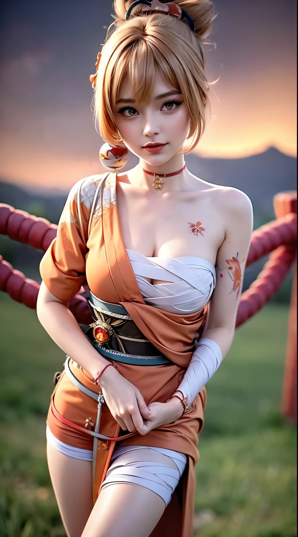 Landscape of a very beautiful 1girl, (((face exposed)))!!!, (cowboy shot), (((front focus))), (((background Blurry))), Bokeh, lens flare, photography with Fujifilm XT3, depth of field, film grain, female focus, BREAK, yoimiya/(Genshin Impact/), anime style, (((standing at the edge of the cliff)))!!!, (((((night sky_starry night_magical evening at back)))))!!!!!, ((leaning on wooden fence))!!, (looks at the audience with beautiful orange iris like topaz)!, Ultra detailed eyes, (Beautiful light orange pupil's eye's like topaz :1.40)!, Stars in her fixed eyes, (homochromatic eyes)!!!, grin smile, long sleevemouth, (thin fresh peach lips)!, (Blush)!, Perfect nose, Cute little nose, beatiful face, Face Clean, realistic Skin, hyper realistic, Perfect eyebrow appear through orange hair, pink orange hair bangs,  (ultra shine orange hair)!!, (((hair bun hairstyle_japanese hair tie)))!!!, (((hair tie over head)))!!!, Earrings, chocker_bell,((dynamic composition)), BREAK, detached sleeves, bare shoulders, /(((wear original costume of yaomiya genshin impact)))!!!, (((half open kimono_obi_red obi rope)))!!!, plump breasts, (((plump breast cleavage_bandage))!!, slim legs, open smooth thigh, Asymmetrical stocking, red geta slippers, vivid color clothes, detailed realistic clothes, BREAK, Best Quality, Masterpiece, Ultra-detailed, Beautiful, hight resolution, Original, CG 8K, perfect photo, dramatic  lighting, Beautiful lighting, (((Realistic fantasy art)))!!!, Realistic, Full HD, Best Quality, award winning, (8k wallpaper of extremely detailed CG unit), High Details, sharp-focus, The art of dramatic and photorealistic painting, ((the edge of the cliff_wooden fence)), dynamic composition, breathtaking rendering, strong color, deep shadow