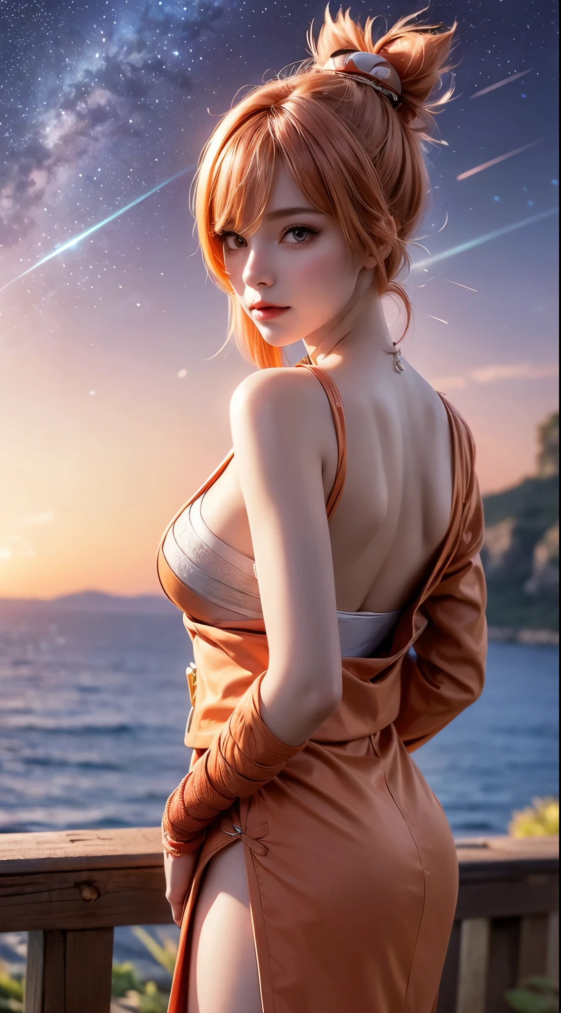 Landscape of a very beautiful 1girl, (((face exposed)))!!!, (cowboy shot), (((front focus))), (((background Blurry))), Bokeh, lens flare, photography with Fujifilm XT3, depth of field, film grain, female focus, BREAK, yoimiya/(Genshin Impact/), anime style, (((standing at the edge of the cliff)))!!!, (((((night sky_starry night_magical evening at back)))))!!!!!, ((leaning on wooden fence))!!, (looks at the audience with beautiful orange iris like topaz)!, Ultra detailed eyes, (Beautiful light orange pupil's eye's like topaz :1.40)!, Stars in her fixed eyes, (homochromatic eyes)!!!, grin smile, long sleevemouth, (thin fresh peach lips)!, (Blush)!, Perfect nose, Cute little nose, beatiful face, Face Clean, realistic Skin, hyper realistic, Perfect eyebrow appear through orange hair, pink orange hair bangs, (ultra shine orange hair)!!, (((hair bun hairstyle_japanese hair tie)))!!!, (((hair tie over head)))!!!, Earrings, chocker_bell,((dynamic composition)), BREAK, detached sleeves, bare shoulders, /(((wear original costume of yaomiya genshin impact)))!!!, (((half open kimono_obi_red obi rope)))!!!, plump breasts, (((plump breast cleavage_bandage))!!, slim legs, open smooth thigh, Asymmetrical stocking, red geta slippers, vivid color clothes, detailed realistic clothes, BREAK, Best Quality, Masterpiece, Ultra-detailed, Beautiful, hight resolution, Original, CG 8K, perfect photo, dramatic lighting, Beautiful lighting, (((Realistic fantasy art)))!!!, Realistic, Full HD, Best Quality, award winning, (8k wallpaper of extremely detailed CG unit), High Details, sharp-focus, The art of dramatic and photorealistic painting, ((the edge of the cliff_wooden fence)), dynamic composition, breathtaking rendering, strong color, deep shadow