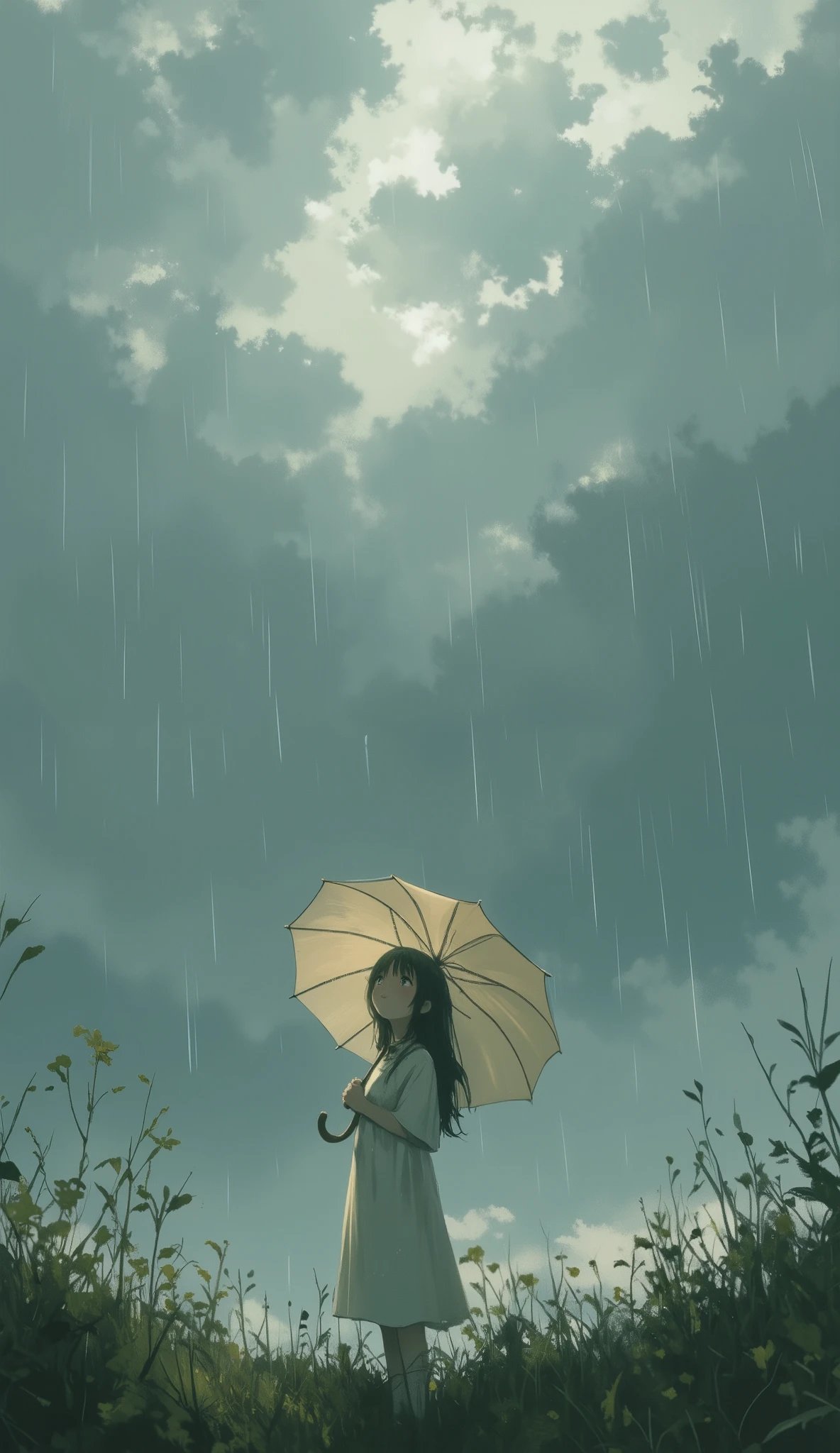 a girl, standing, holding a umbrella, rain, lookup the sky.mia