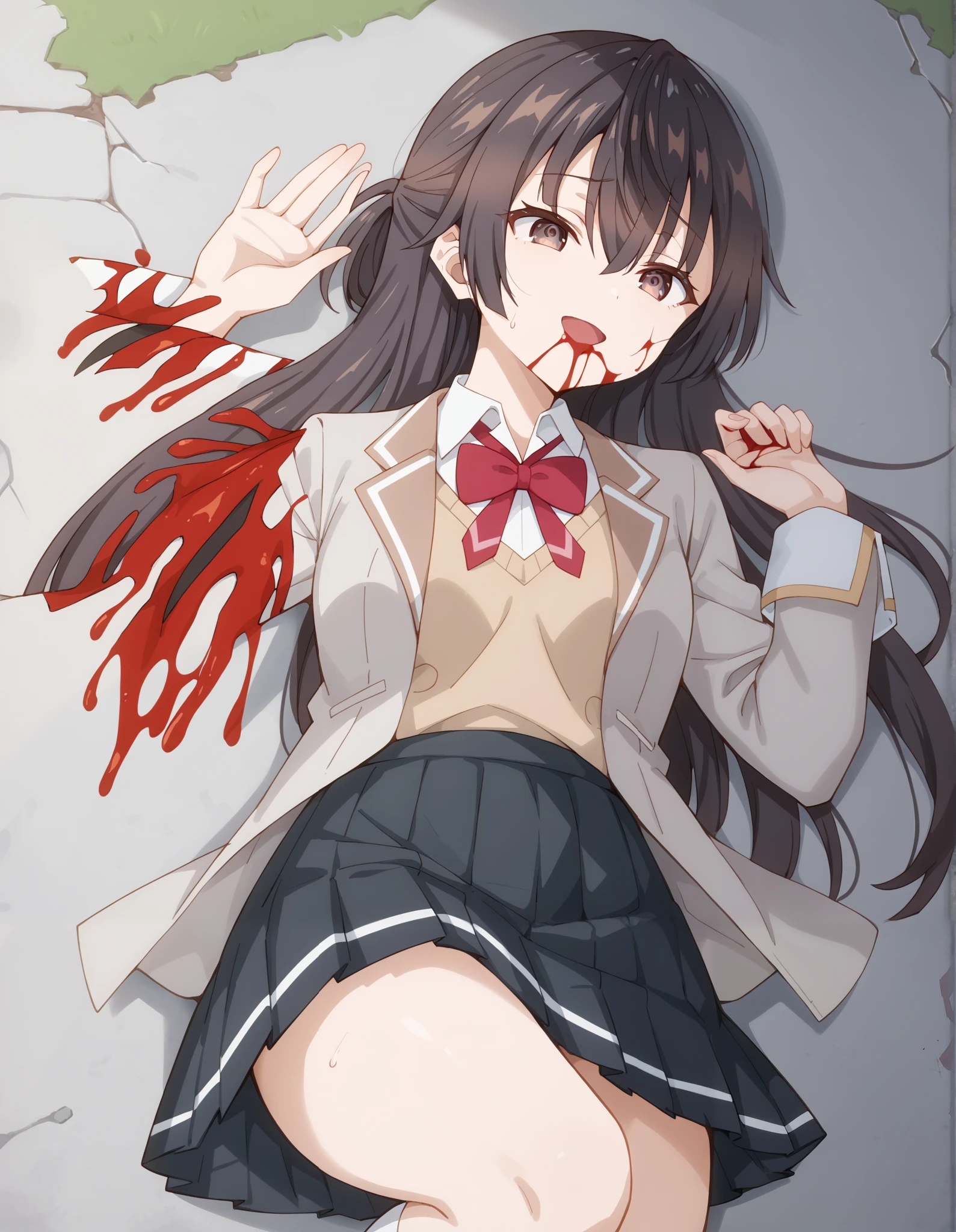 Masterpiece, hd, best quality, 1girl, opened mouth, sad, sweating, long hair, updo, Yuki suou,  brown hair, hair between eyes, brown eyes, school uniform, grey jacket, long sleeves, open jacket, buttons, white shirt, collared shirt, red bowtie, brown sweater vest, black skirt, outdoor,  smile, lying, lying on ground, gore, (gore:1.2), blood, blood on eyes, blood on mouth, broken hands, (broken hands:1.2), missing hands, stumped hands, cowboy shot, fullbody, white socks, brown shoes 