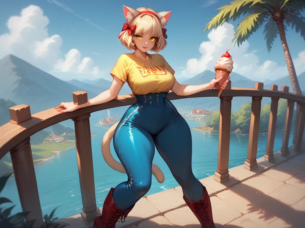One girl, solo, Big round breasts, clevage, curvy body, realistic, blonde hair, light green eyes, amazing big eyes, eye details, eyebrow details, white crop top, denim skirt, big lips, blush, smirk, HD, good quality, crop top, whale tail, big ass 