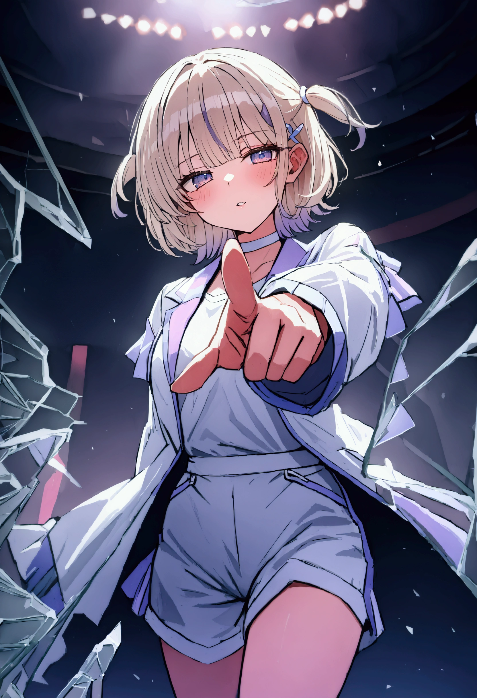 (masterpiece),(absurdres),(ultra detailed),(beautiful detailed),Todoroichi 、 Hololive、HajimeBase、 multicolor hair 、 short hair、 two side up、 hair clips、white choker 、 white shirt、 white jacket 、 gradient jacket、 white shorts、(finger pointing at viewer:1.2),throw,half-closed eyes,parted lips,in the midnight,shoes,(on stage),(stage lighting:1.3),(motion blur:1.1)、(pink々became、Broken glass:1.2、reflection:1.1、 Broken Glass :1.1),upperbody shot,
