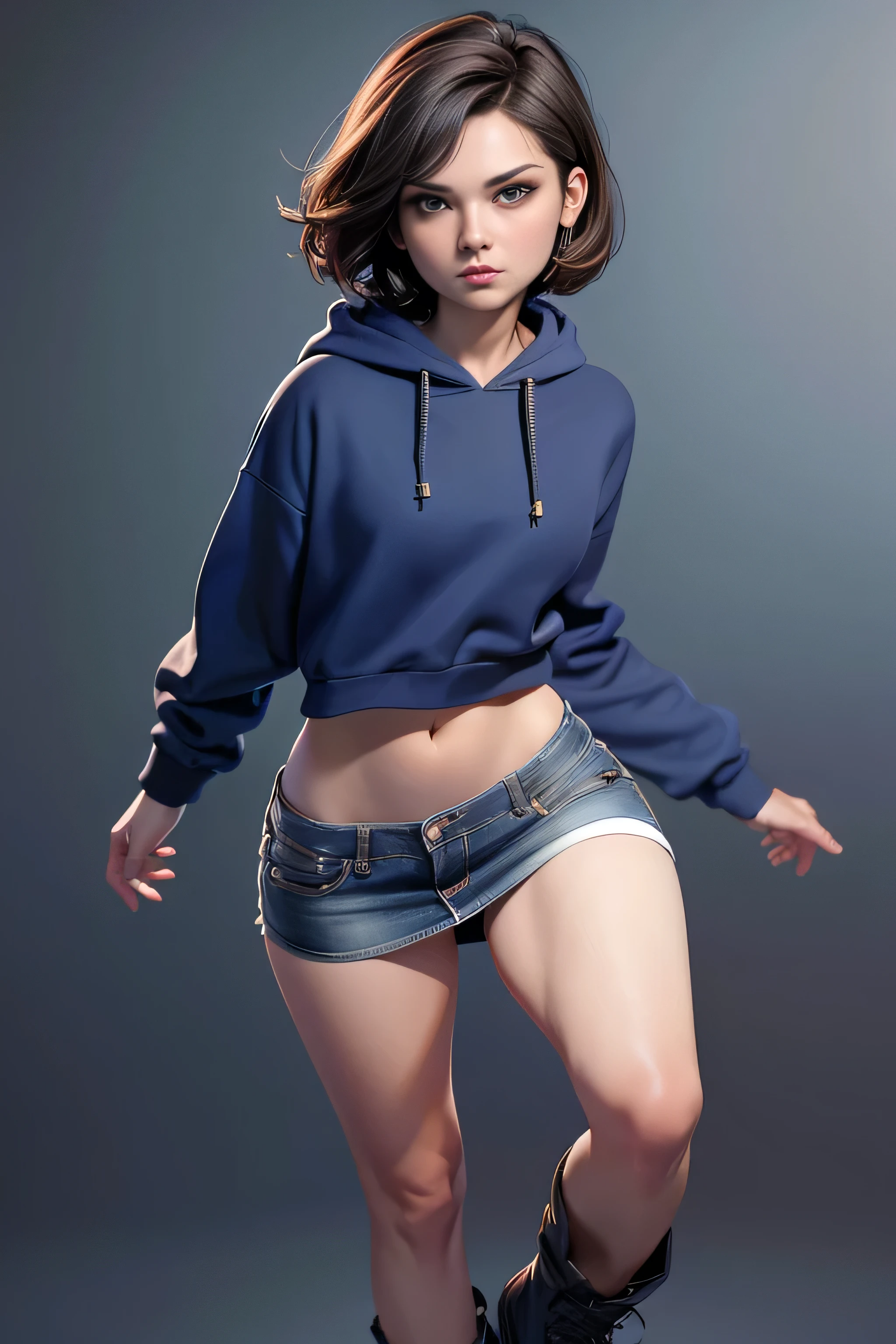 Young woman, short hair , brown eyes, blue tube top , Black miniskirt, knee-length brown boots , gray hoodie sweatshirt, Dynamic Pose , masterpiece , super detail, lyrics, movie lighting, plain white background , without patterns, No textures.