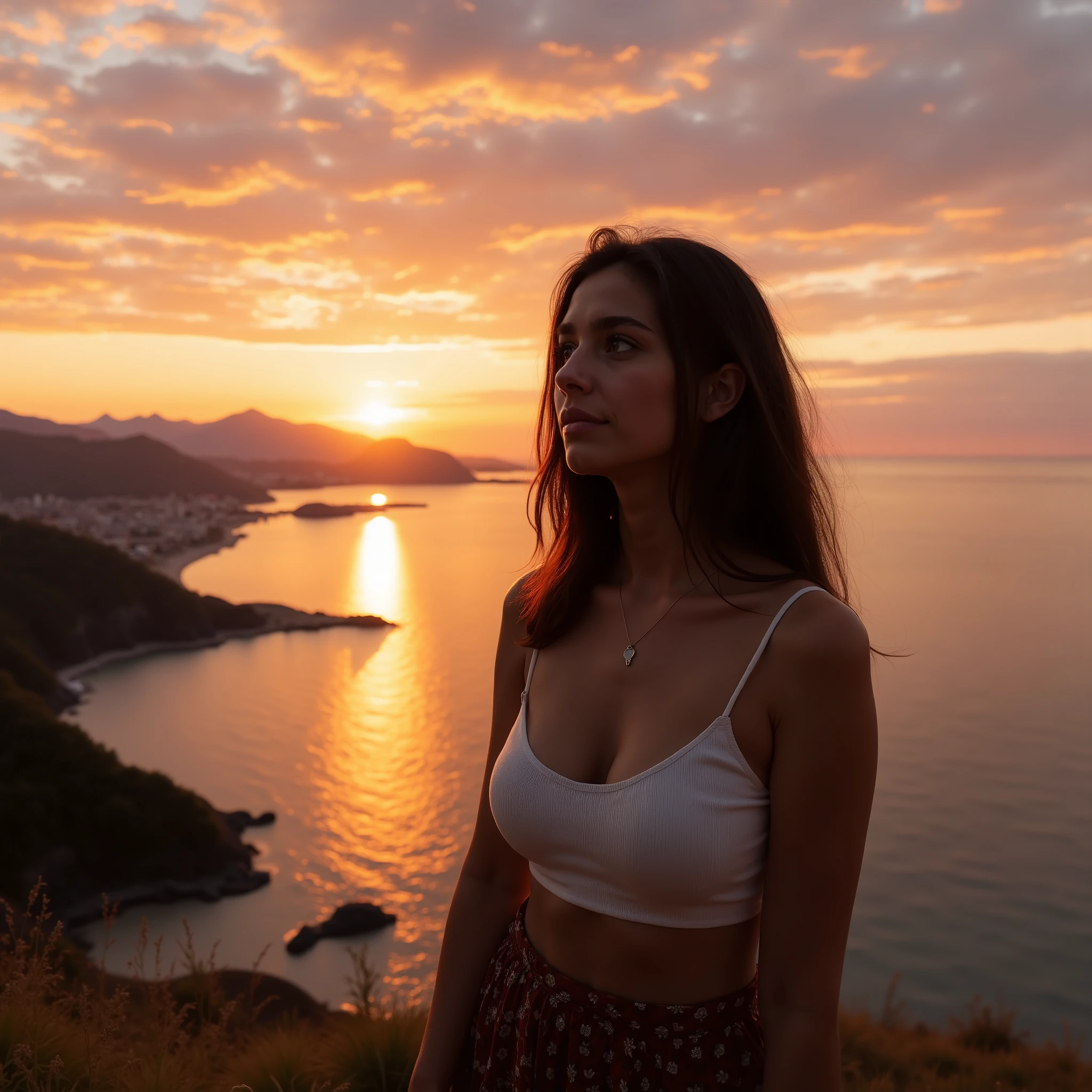 Isabella at the sunset in Puerto Montt Chile, wearing random clothes 