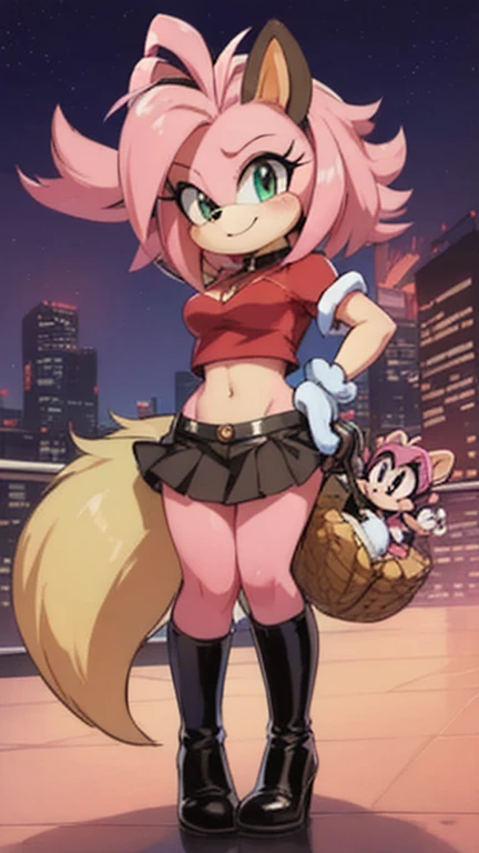 catgirl, furry, toon, cartoon, pink hair, walking,, lion tail, cat ears, animal nose, coat, vest, smile