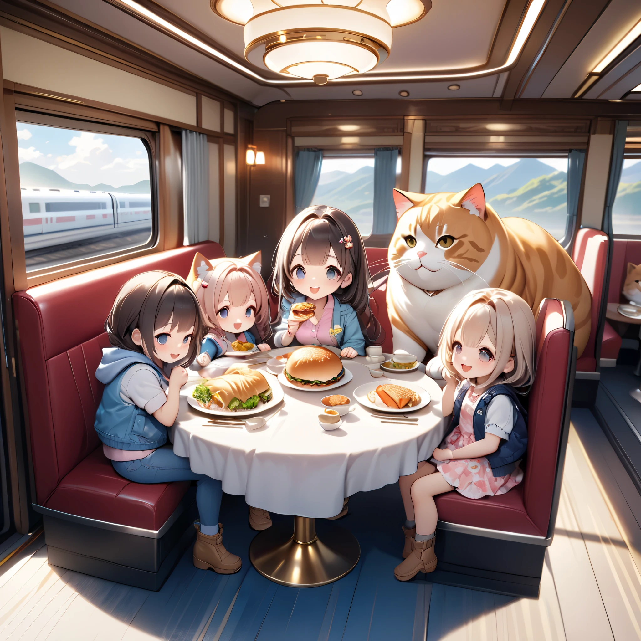 (masterpiece), (ultra-detailed:1.3), best quality, clear focus, dramatic scene, cinematic, shadow, (ultra-high resolution:1.3), (8k:1.3), perfect anatomy, perfect face, (detailed face), (detailed eye:1.2), (chibi:1.2), cute Japanese chibi girl, famous Japanese chibi idol, very beautiful and cute and cool face, (wearing a very cute decorated casual wear with cool blouson:1.2), casual boots, (large breasts), (She is having a meal with a family of giant fat cats in the traditional Japanese styled gorgeous dining car of a high-speed train :1.3), (a family of giant fat cats is sitting down to eat and mewing:1.3), many plate of gorgeous hamburger set lunch is on the table, they look so happy, happy smile, peaceful atmosphere, Giant fat cat families consist of fine parent cats and cute kittens
