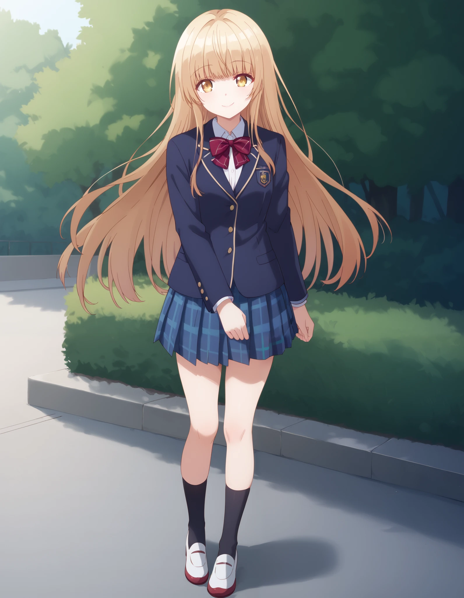 Masterpiece, hd, solo, best quality, closed mouth, light smile, light blush, long hair, mahiru shiina, bangs, blonde hair, brown hair, yellow eyes, long hair, skirt, bow, school uniform, jacket, pleated skirt,blue skirt plaid, plaid skirt, blazer, blue blazer, red bowtie, black socks, white shoes, outdoor,  smile,  standing, cowboy shot, fullbody, (fullbody:1.2)
