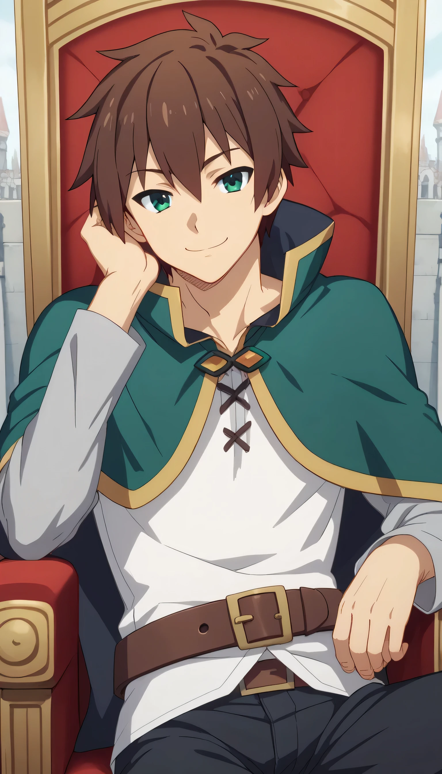 1boys, solo, male_focus, , sitting, , throne, , , looking_at_viewer, eye_of_horus, , , ,, smile, chain, closed_mouth, , , traditional_media, ,head_rest, kazuma satou, short hair, brown hair, green eyes, male focus,
shirt, long sleeves, white shirt, belt, pants, capelet, brown belt,