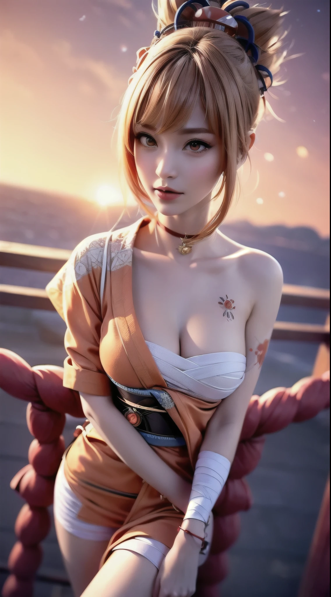 Landscape of a very beautiful woman, 27 years old woman, (((face exposed)))!!!, (full body shot), (((front focus))), (((background Blurry))), Bokeh, lens flare, photography with Fujifilm XT3, depth of field, film grain, female focus, BREAK, yoimiya/(Genshin Impact/), anime style, (((standing at the edge of the cliff)))!!!, (((((night sky_starry night_magical evening at back)))))!!!!!, ((leaning on wooden fence))!!, (looks at the audience with beautiful orange iris like topaz)!, Ultra detailed eyes, (Beautiful light orange pupil's eye's like topaz :1.40)!, Stars in her fixed eyes, (homochromatic eyes)!!!, grin smile, long sleevemouth, (thin fresh peach lips)!, (Blush)!, Perfect nose, Cute little nose, beatiful face, Face Clean, realistic Skin, hyper realistic, Perfect eyebrow appear through orange hair, pink orange hair bangs, (ultra shine orange hair)!!, (((hair bun hairstyle_japanese hair tie)))!!!, (((hair tie over head)))!!!, Earrings, chocker_bell,((dynamic composition)), BREAK, detached sleeves, bare shoulders, /(((wear original costume of yaomiya genshin impact)))!!!, (((half open kimono_obi_red obi rope)))!!!, plump breasts, (((plump breast cleavage_bandage))!!, slim legs, open smooth thigh, Asymmetrical stocking, red geta slippers, vivid color clothes, detailed realistic clothes, BREAK, Best Quality, Masterpiece, Ultra-detailed, Beautiful, hight resolution, Original, CG 8K, perfect photo, dramatic lighting, Beautiful lighting, (((Realistic fantasy art)))!!!, Realistic, Full HD, Best Quality, award winning, (8k wallpaper of extremely detailed CG unit), High Details, sharp-focus, The art of dramatic and photorealistic painting, ((the edge of the cliff_wooden fence)), dynamic composition, breathtaking rendering, strong color, deep shadow
