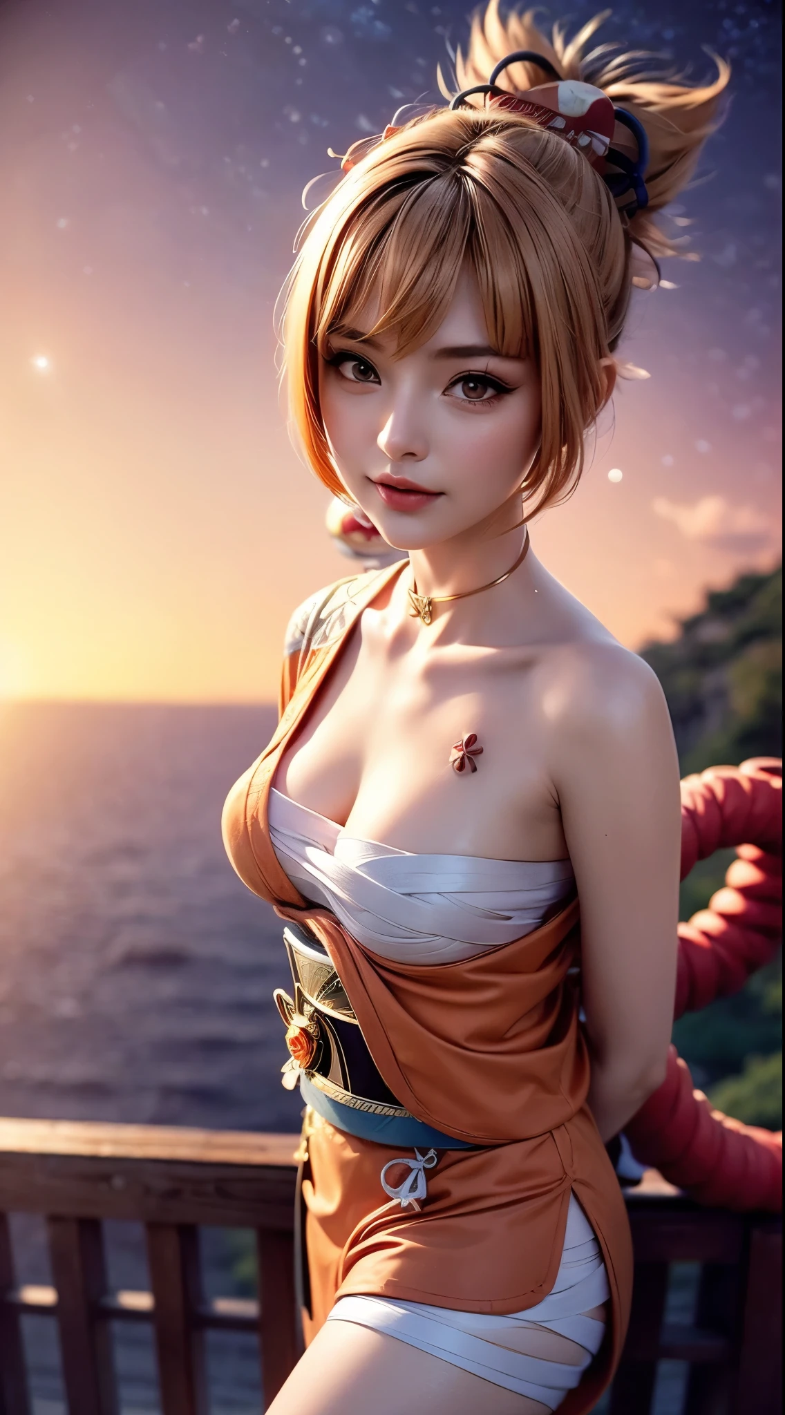Landscape of a very beautiful woman, 27 years old woman, (((face exposed)))!!!, (full body shot), (((front focus))), (((background Blurry))), Bokeh, lens flare, photography with Fujifilm XT3, depth of field, film grain, female focus, BREAK, yoimiya/(Genshin Impact/), anime style, (((standing at the edge of the cliff)))!!!, (((((night sky_starry night_magical evening at back)))))!!!!!, ((leaning on wooden fence))!!, (looks at the audience with beautiful orange iris like topaz)!, Ultra detailed eyes, (Beautiful light orange pupil's eye's like topaz :1.40)!, Stars in her fixed eyes, (homochromatic eyes)!!!, grin smile, long sleevemouth, (thin fresh peach lips)!, (Blush)!, Perfect nose, Cute little nose, beatiful face, Face Clean, realistic Skin, hyper realistic, Perfect eyebrow appear through orange hair, pink orange hair bangs, (ultra shine orange hair)!!, (((hair bun hairstyle_japanese hair tie)))!!!, (((hair tie over head)))!!!, Earrings, chocker_bell,((dynamic composition)), BREAK, detached sleeves, bare shoulders, /(((wear original costume of yaomiya genshin impact)))!!!, (((half open kimono_obi_red obi rope)))!!!, plump breasts, (((plump breast cleavage_bandage))!!, slim legs, open smooth thigh, Asymmetrical stocking, red geta slippers, vivid color clothes, detailed realistic clothes, BREAK, Best Quality, Masterpiece, Ultra-detailed, Beautiful, hight resolution, Original, CG 8K, perfect photo, dramatic lighting, Beautiful lighting, (((Realistic fantasy art)))!!!, Realistic, Full HD, Best Quality, award winning, (8k wallpaper of extremely detailed CG unit), High Details, sharp-focus, The art of dramatic and photorealistic painting, ((the edge of the cliff_wooden fence)), dynamic composition, breathtaking rendering, strong color, deep shadow