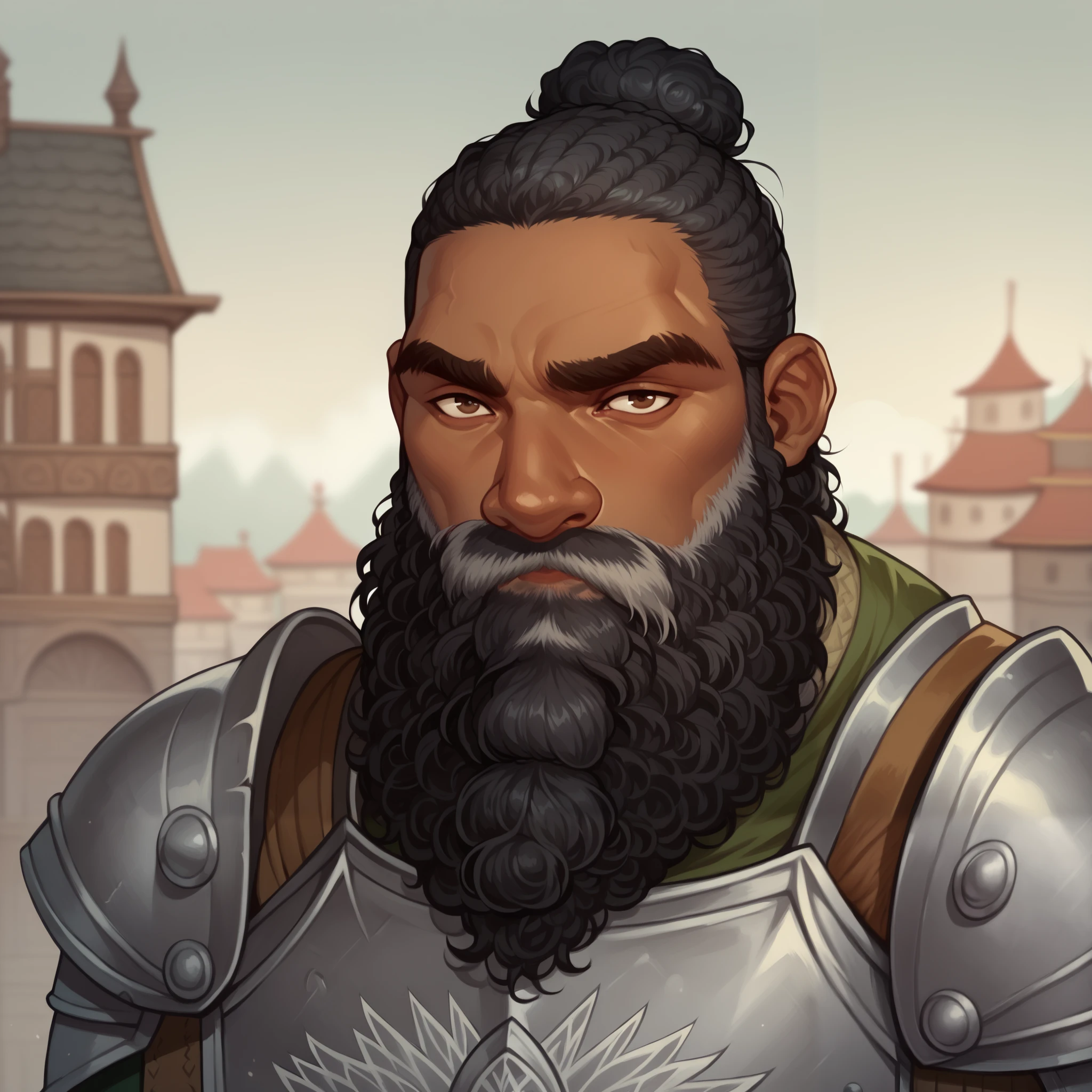 (((beautiful, high quality, comics style, detailed face))), score_9, score_8_up, score_7_up, BREAK, bust shoot view, solo, male (african) dwarf, short stature, big nose, very dark skin, 50 years old, black hair, short hair, bun, ((long beard, voluminous beard, matted beard)), strong, wide, muscular, thick eyebrows, silver knight armor, breastplate armor, Espalier, city, blurred background, Expressiveh, DeepNegative_xl_v1, detailxl, zPDXL3