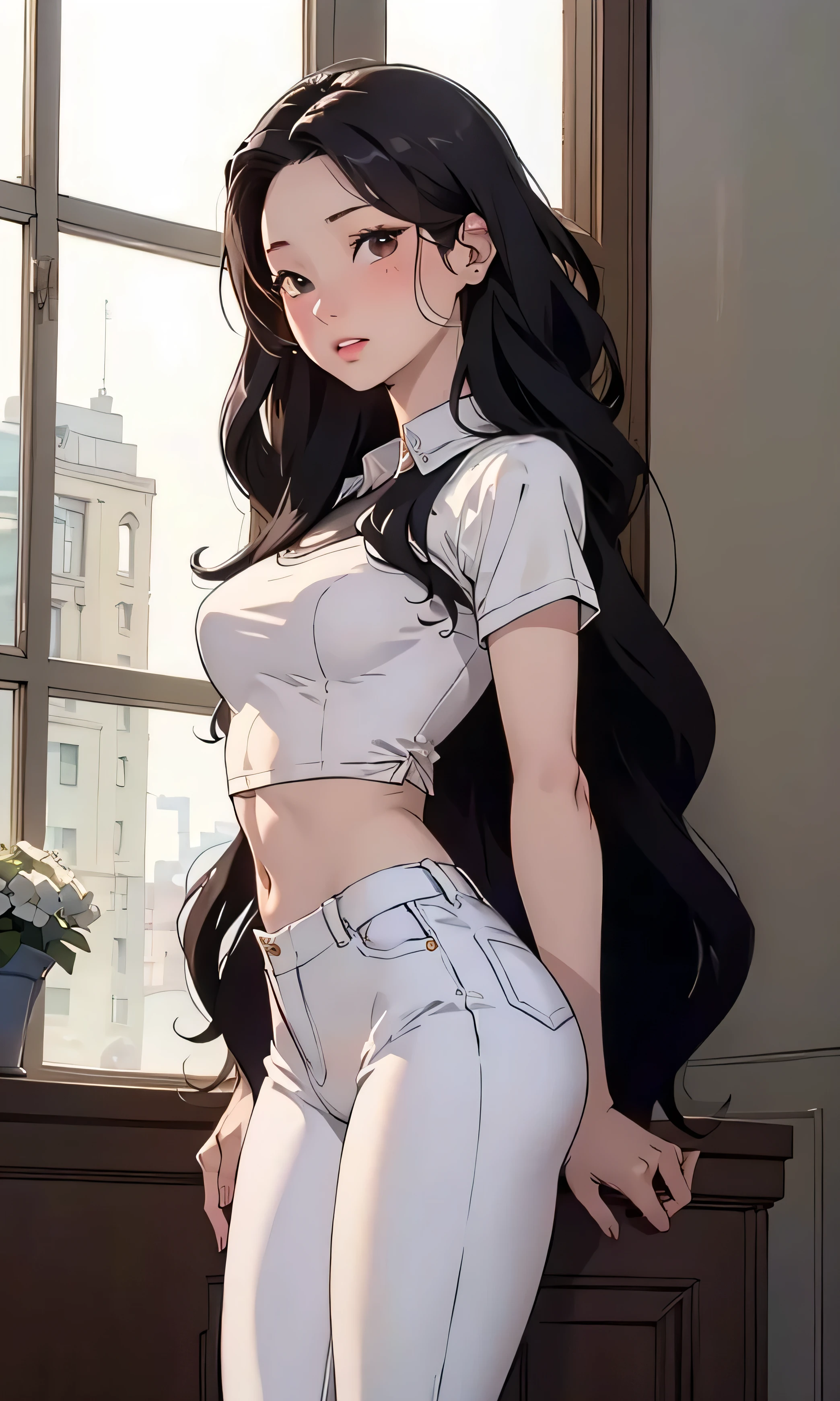 masterpiece, high detail, Dahyun, a beautiful girl , Korean, thin and tall, long black hair, wavy hair , black eyes, round eyes, white blouse , blue pants, he would be, blush, medium black, pecho pequeño, head on, standing, next to the window