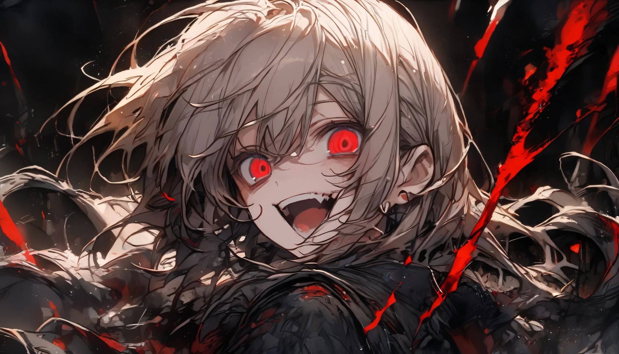 masterpiece, best quality, very aesthetic, absurdres, newest, 1girl, solo, blonde hair, male focus, blood, fangs, parody, claws