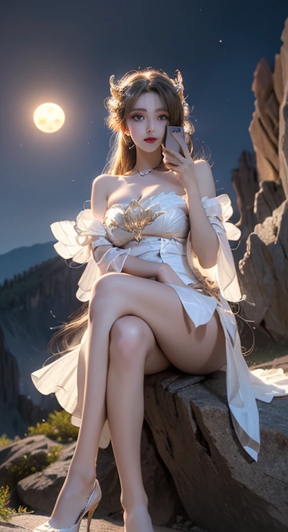 NSFW:1.5,Masterpiece, Best quality, 1girls, (Colorful),(delicate eyes and face), volumatic light, Ray tracing, Bust Up Shot ,Passing the eyes of God,Slender legs,Barefoot,Extremely detailed CG Unity 8K wallpaper,独奏,Make a smile,((flying petal)),(Flowery meadow) Sky, cloudy day_Sky,moonbeams, Moon, night, (Dark theme:1.3), Light, fantasy, windy, magic sparks, dark castle,White hair,