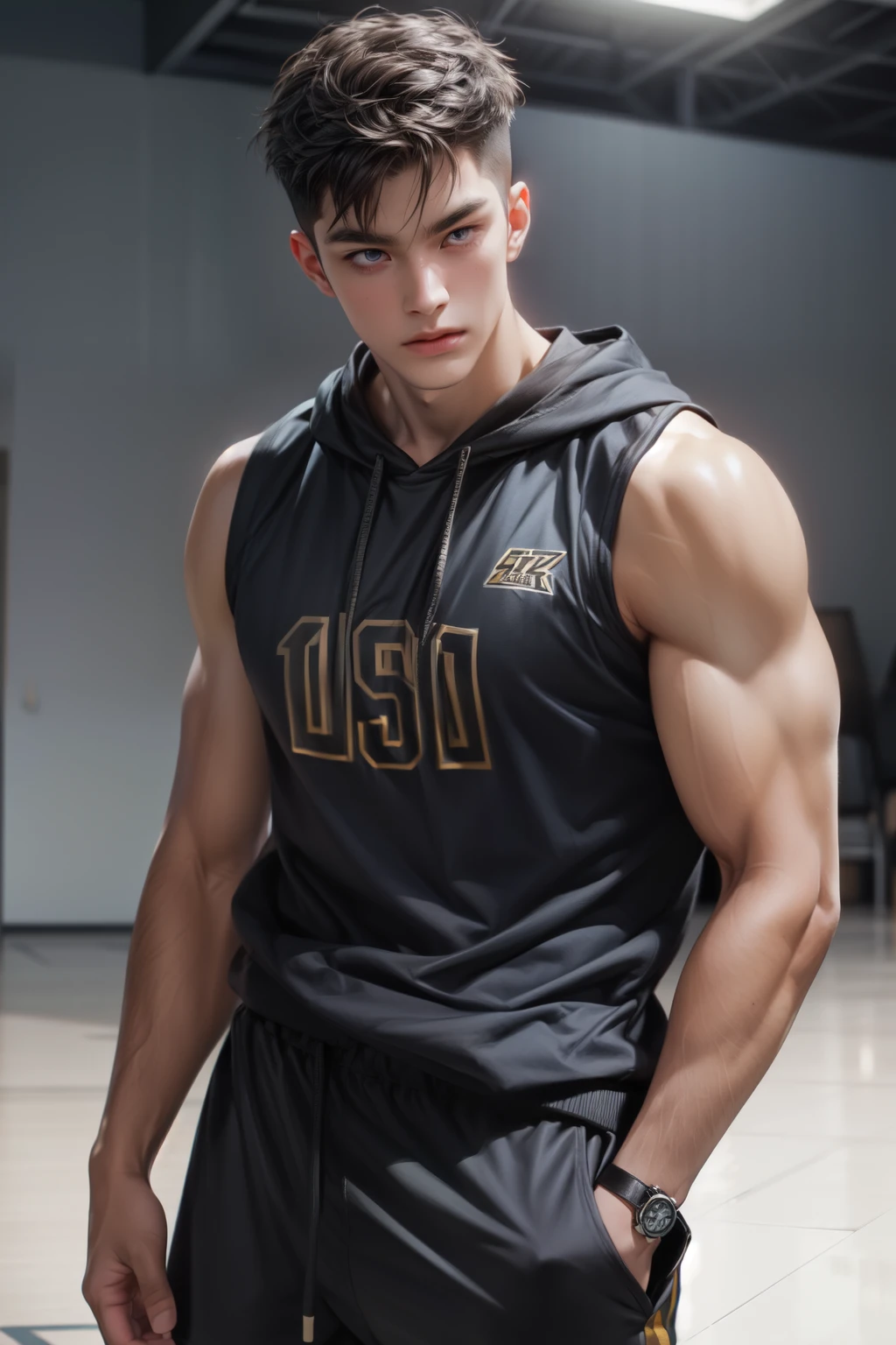 1man, a 25-year-old muscular man,hoodie and caos a black suit, bodice, soft lighting, masterpiece, best quality, 8k ultra high definition, DSLR camera, film grain, Midjourney and greg rutkowski's Fujifilm XT3 realistic drawing art