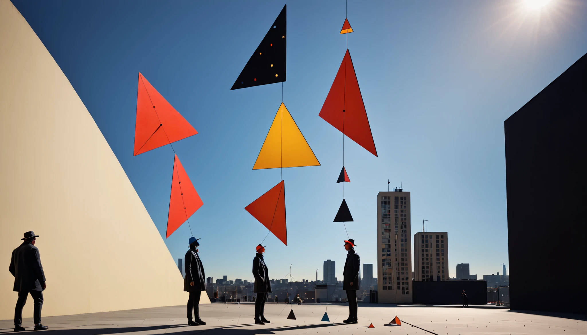 a colorful giant Alexander Calder-style mobile sculptures in perfect balance, two people observing them in an urban setting, highly detailed, photorealistic, 4k, dramatic lighting, dynamic composition, vibrant colors, triangles, wire, shadows, photo taken with nikon d90