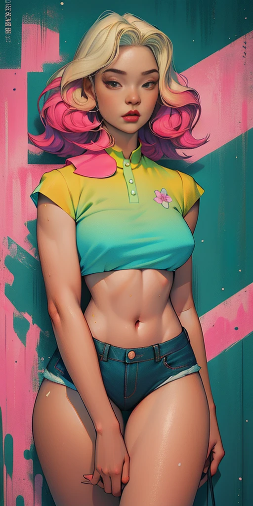 Background, In chic boho style, in a café, Ice cream print, multi-colored neon lights, neon garlands, Pink lavender mint hair, mixed-language_SMS, Japanese graffiti, (beautiful and clear background:1.2),, fantastic paintings ,graffit style, olhos altamente detalhados , Underwear, lace, latex, blonde girl, Cat Print, tattoo, Loving, Love, ultra detailed hair, Masterpiece, Best Quality, hig quality, high-resolution, detail enhancement, ((most beautiful image in the world)), Masterpiece, Best Quality, hig quality, high-resolution, detail enhancement, ((most beautiful image ), Shiny pink degrade hair, ultra short fitted Stampa Flores, Rollers, tights in a mesh, Short denim shorts, art by stjepan sejic, art by j scott campbell, art by guillem march, art by citemer liu, 4k, high-resolution, comic book character, comic, high quality detailed, style of ::2.0 comix illustration style,tatoon style, hig quality, high-resolution, detail enhancement, 8K, HD, Best Quality, hig quality, high-resolution, detail enhancement, 8K, HDR, Sharp focus, Ultra Detailed, Perfect lighting, Curvy Body, Lush breasts, Curvy hips