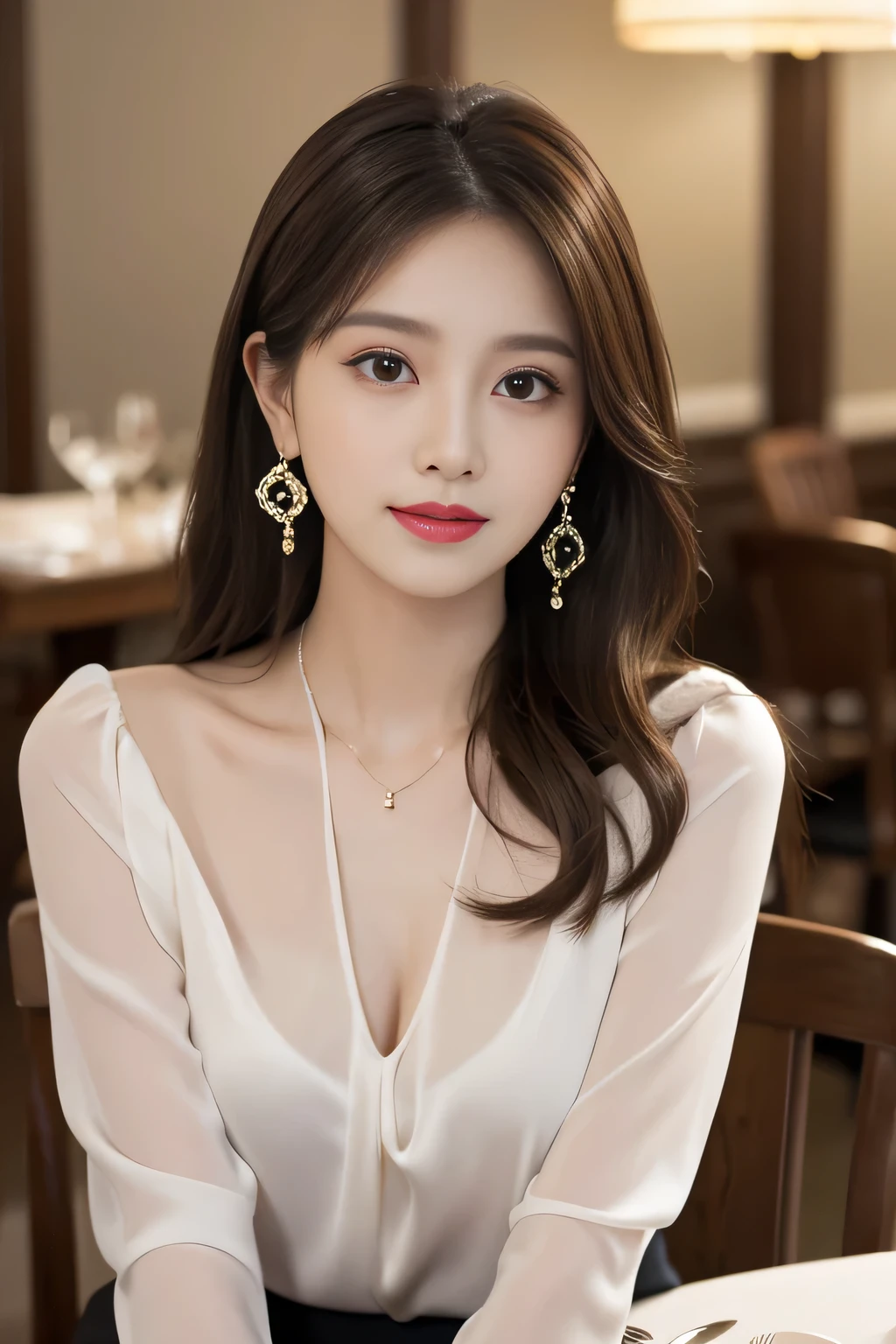 masterpiece, Highest quality, Realistic, Very detailed, Finer details, High resolution, 8k wallpaper, One beautiful woman, Wear an elegant see-through shirt, In a great restaurant, At night, Light brown messy hair, Perfect dynamic composition, Beautiful and beautiful eyes、Big earrings、chest、
