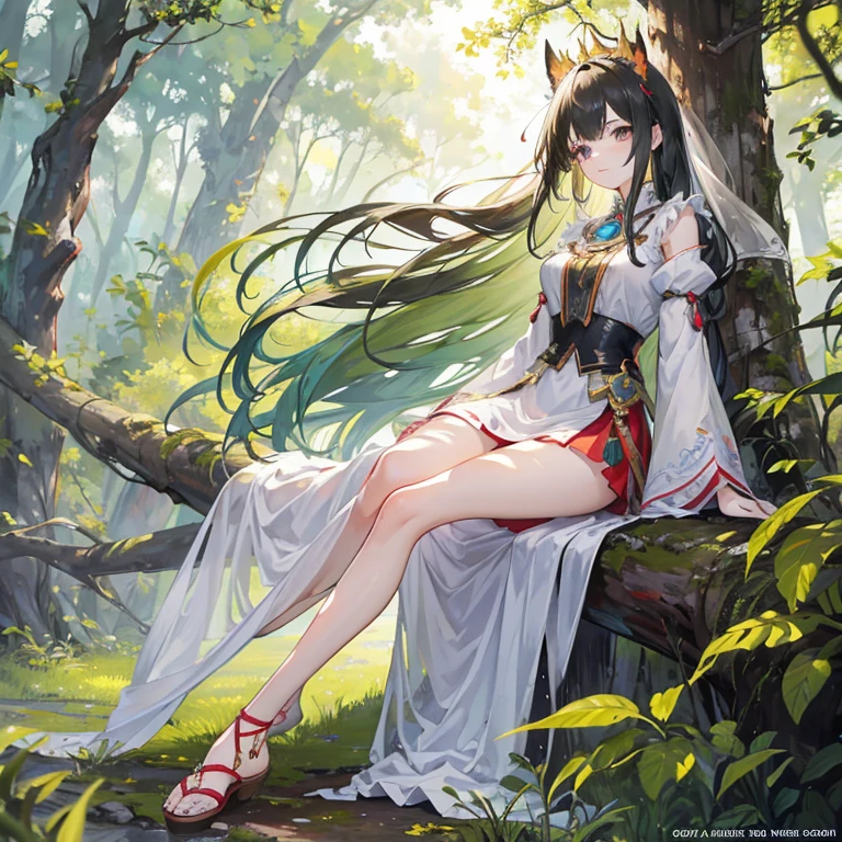 Realistic photos, Focus distance 10mm, Red and white, Beautiful girl, Realistic photos, Shooting at focus distance 10mm, masterpiece, 最high quality, high quality, Very detailed CG 8k wallpaper unit, Award-winning photography, Depth of written boundary, High resolution, bloom, chromatic aberration, Realistic, Very detailed, Art Station Trends, CGsociety Trends, Complex, High detail, dramatic, Art on the go, volumetric lighting, A beautiful girl in the style of Snow White sits in the lotus position in the forest, gazing calmly ahead. She is wearing a white dress and is surrounded by lush trees and small birds behind her, profile, meditation