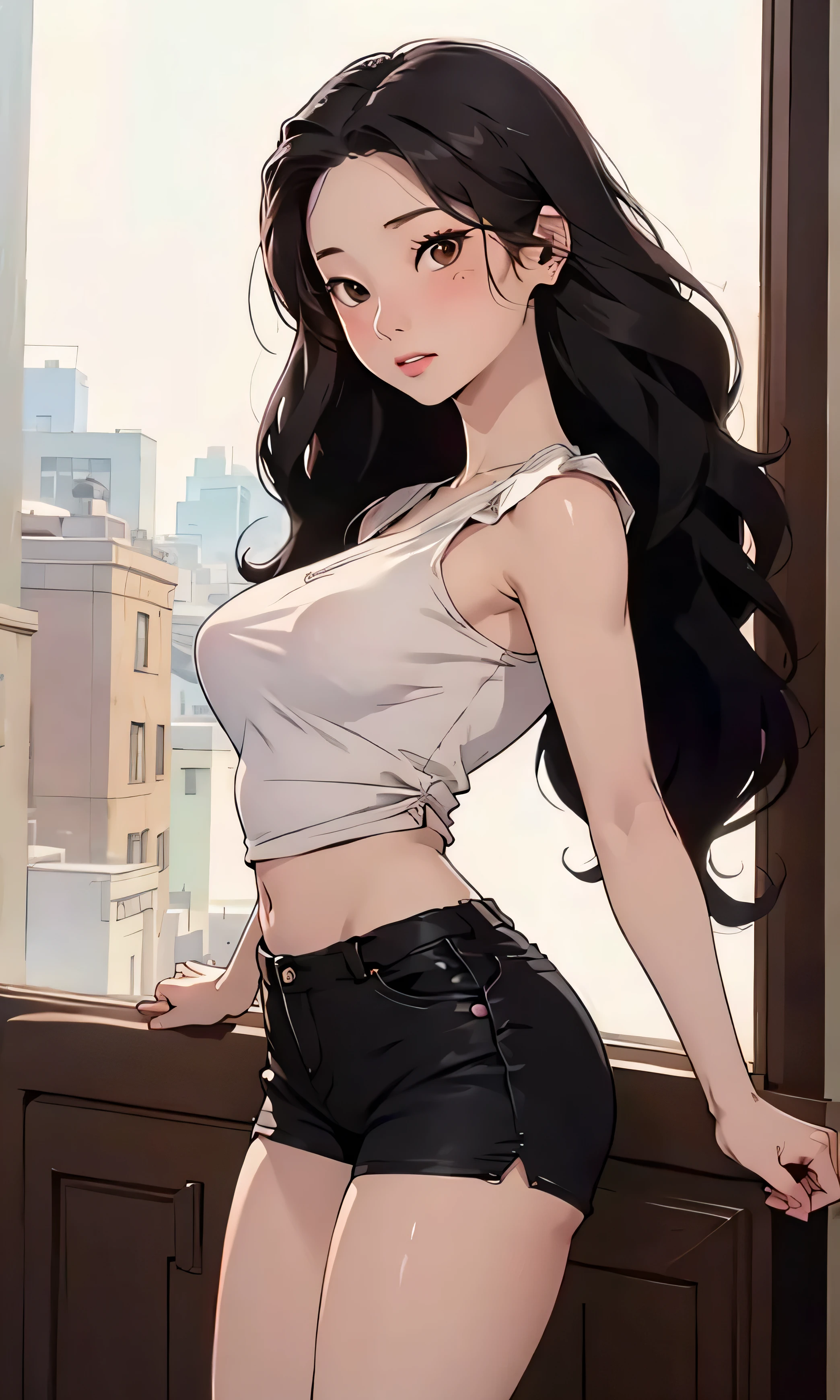 masterpiece, high detail, Dahyun, a beautiful girl , Korean, thin and tall, long black hair, wavy hair , black eyes, round eyes, white top, shorts, he would be, blush, Full body , head on,