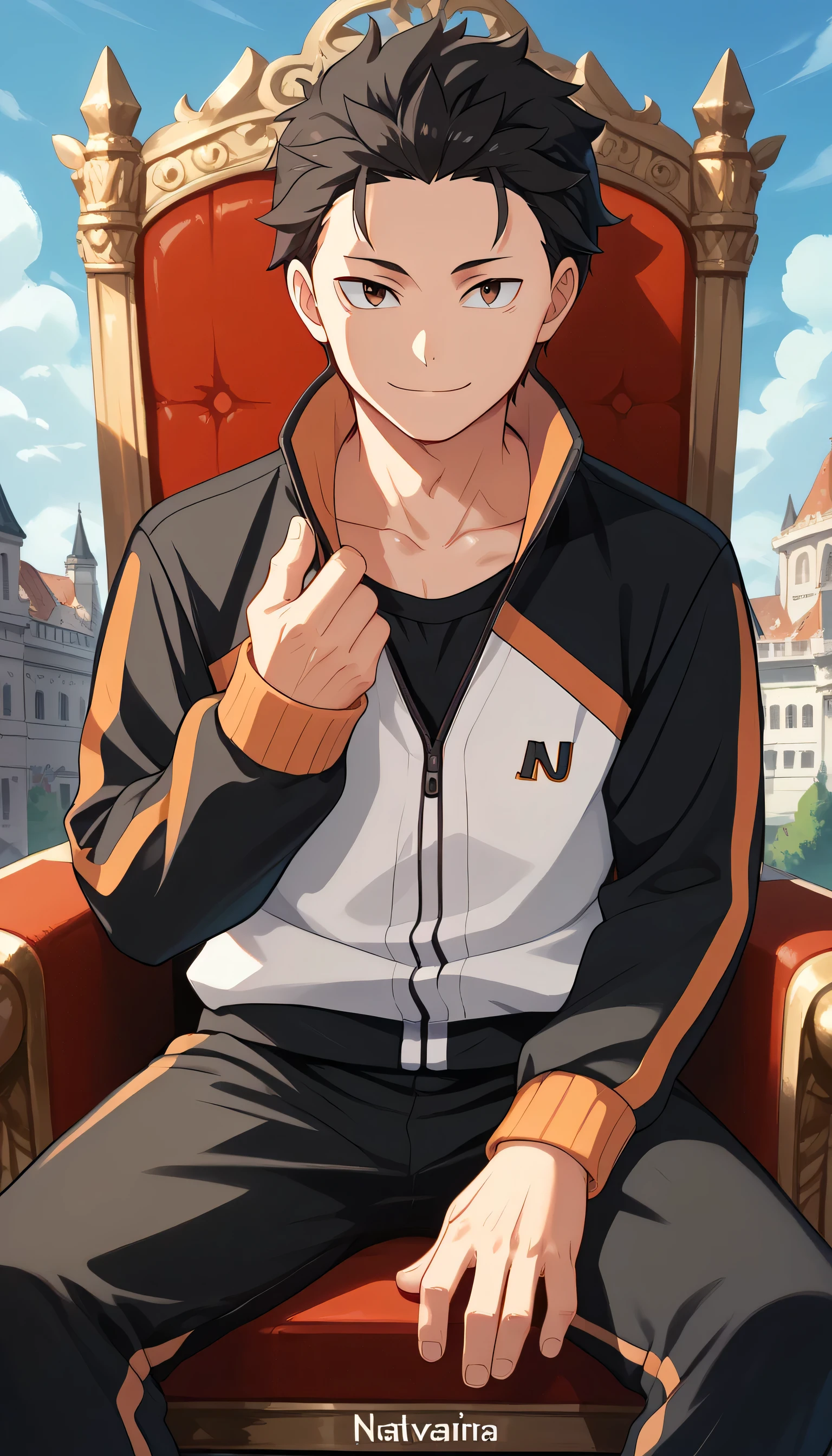 1boys, solo, male_focus, , sitting, , throne, , , looking_at_viewer, eye_of_horus, , , ,, smile, chain, closed_mouth, , , traditional_media, ,head_rest, natsuki subaru,, cowboy shot, 1boy, male focus, black hair, , short hair, outdoors, track jacket, brown eyes, black pants, track suit, black shirt, collarbone, long sleeves,
