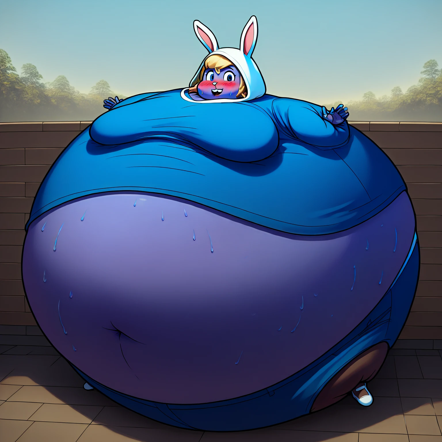 a anime drawing of a fat man with a Becker in his hand, thicc, full body portrait of , fullbody commission for, thicc build, commission for high res, thick black lineart, he , cel shaded!!!, oc commission, full body!, , background (( inside a Space ship laboratory )) . Morbily obese!! ( super large,Fat, round, belly)), ,(( large double wide hips)), ((large fat butt), (( large ,thick, fat thighs)) , Proportionally large and fat arms and Legs!!, large Fat breast, fat chubby cheeks, Fat face, multiple chins, , masterpiece!!, full body!! , Expression(shock, looking down) pose(cracking a Whip , legs Spread out ), (Brown skin, Droopy Yellow Eyes)) , ((Cute)), ((Anime,)) , (( Shaggy platinum Blonde hair with royal blue highlights)), ( Inspired by Magalor from Kirby), ((blue Shawl with a Cat eared Hood, White button up shirt, blue pants , white boots )), (White scarf that hides mouth))