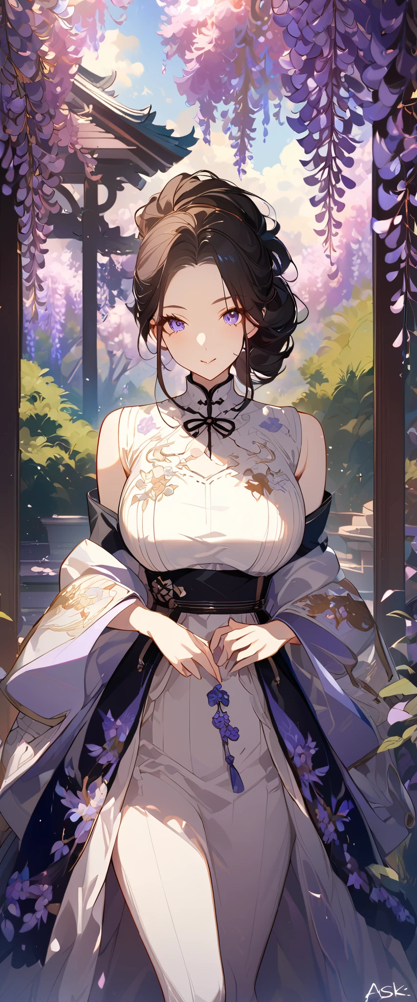Wisteria, Wisteria tree, wisteria background , 8K ,4K , Best Quality , high quality , masterpiece, embroidered clothing, Big breasts, Various hairstyles, Asukaziye Art Gallery : ask, art style : ask