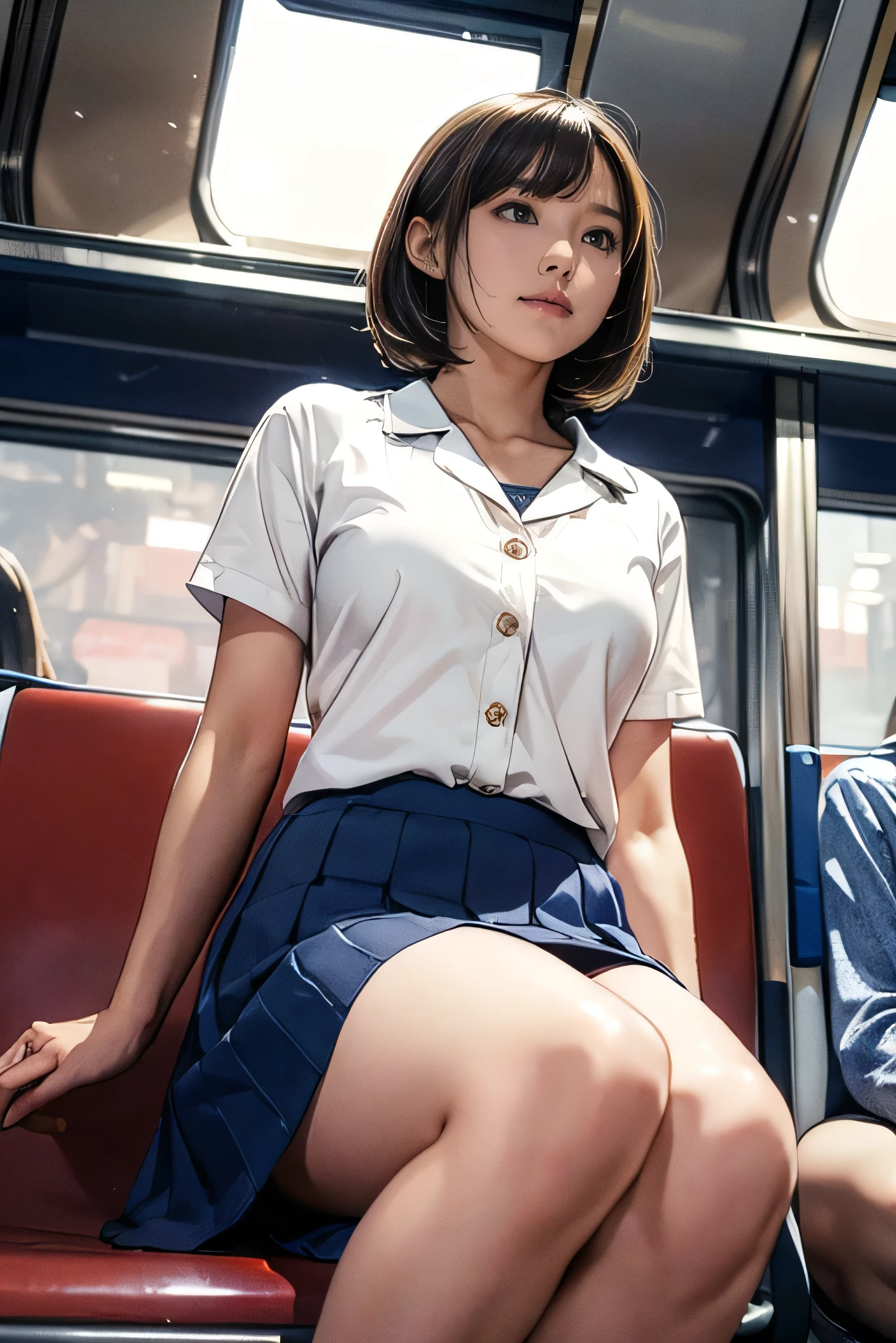 (((Misako Renbutsu)))Beautiful Young Female with (Twin Braids covering Bust) ((Flashing Crotch)) on Train, (extremely delicate and beautiful), Detailed Closing Texture, Professional portrait, SemiNude photography, (((Full Unbuttoned WhiteShirt with beltbra)MoeSleeves)SkinnyShorts), sitting_chair {leaning back|Holding Legs|(knees to chest)}, (Motion blurred scenery outside the window:1.4){(Tyndall effect)|lens flare|Haze|bokeh} ZoomLayer (Oodles Blurred Colorful Lights (Starry particles)), (TopQuality Masterpiece of 8K Ultra-detailed DigitalPainting (by Jeremy Lipking))
