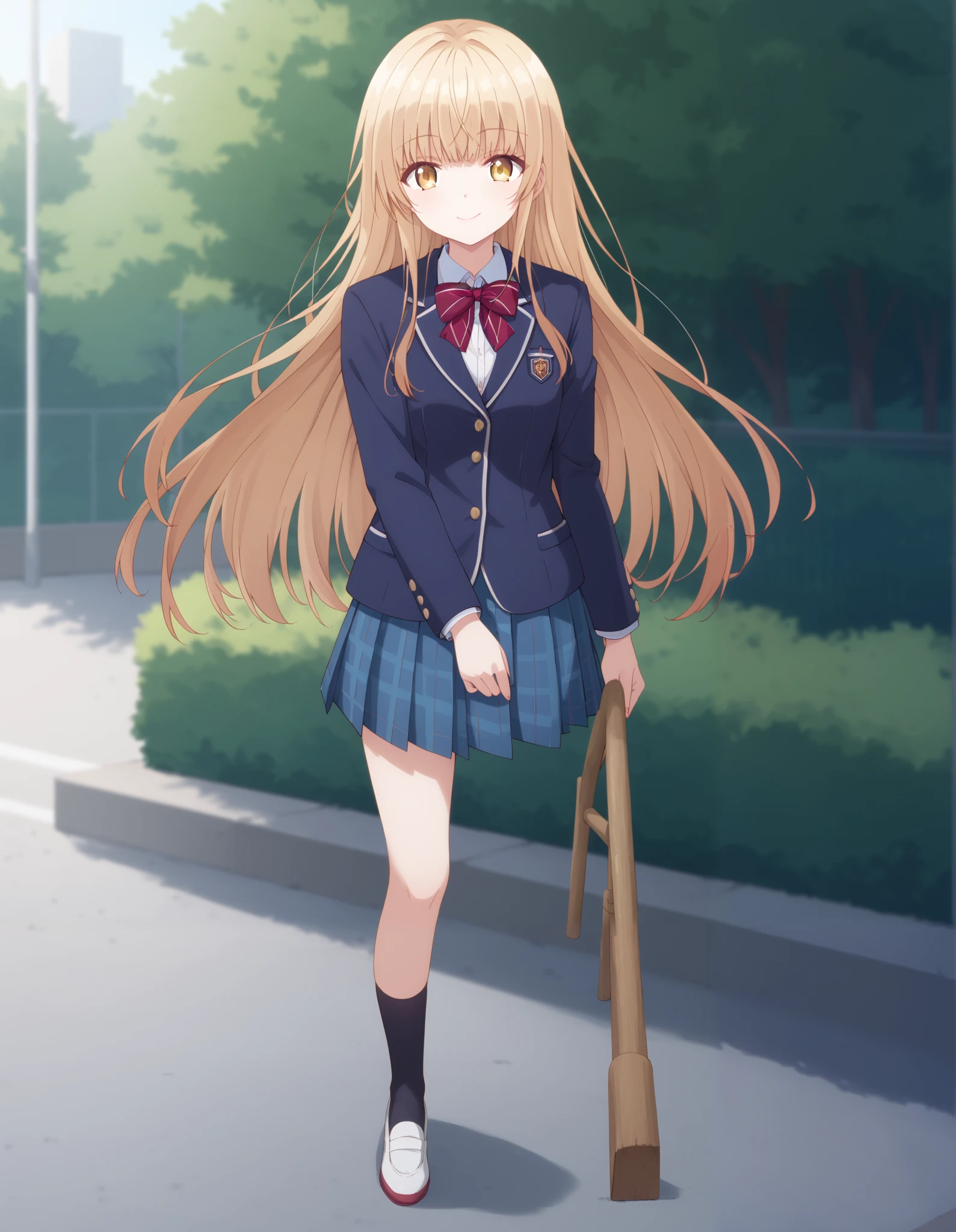 Masterpiece, hd, solo, best quality, closed mouth, light smile, light blush, long hair, mahiru shiina, bangs, blonde hair, brown hair, yellow eyes, long hair, skirt, bow, school uniform, jacket, pleated skirt,blue skirt plaid, plaid skirt, blazer, blue blazer, red bowtie, black socks, white shoes, outdoor, smile, standing, cowboy shot, fullbody, amputed legs, missing legs, broken legs, using standing aid, standing aid stick