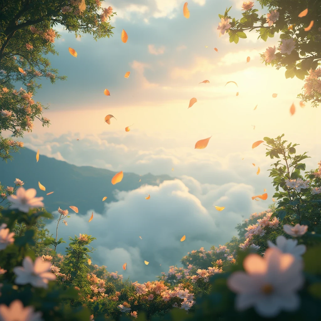 Masterpiece, highest quality, (highly detailed CG Unity 8k wallpaper) (highest quality), (best illustration), (best shadow) nature', sky, clouds, delicate leaf petals falling in the light of the air Tracking, ultra detailed   