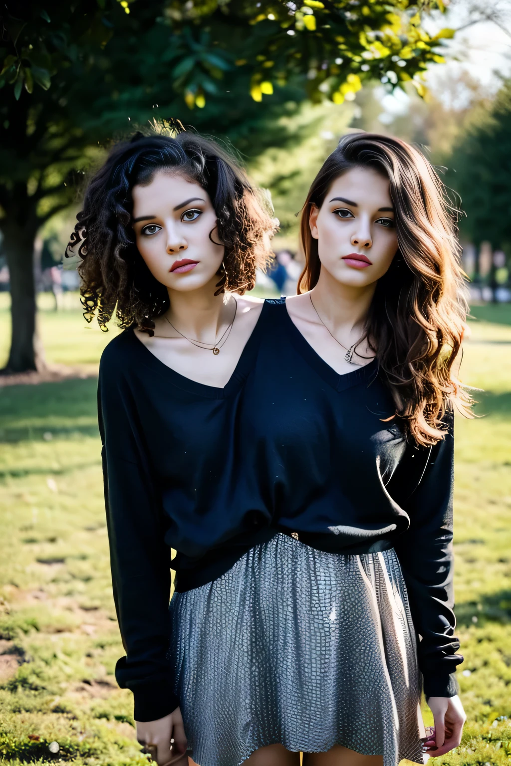 2heads, female couple, age 28, two heads on one body, conjoined, one torso, hipsters, curly hair, grunge fashion, in the park
