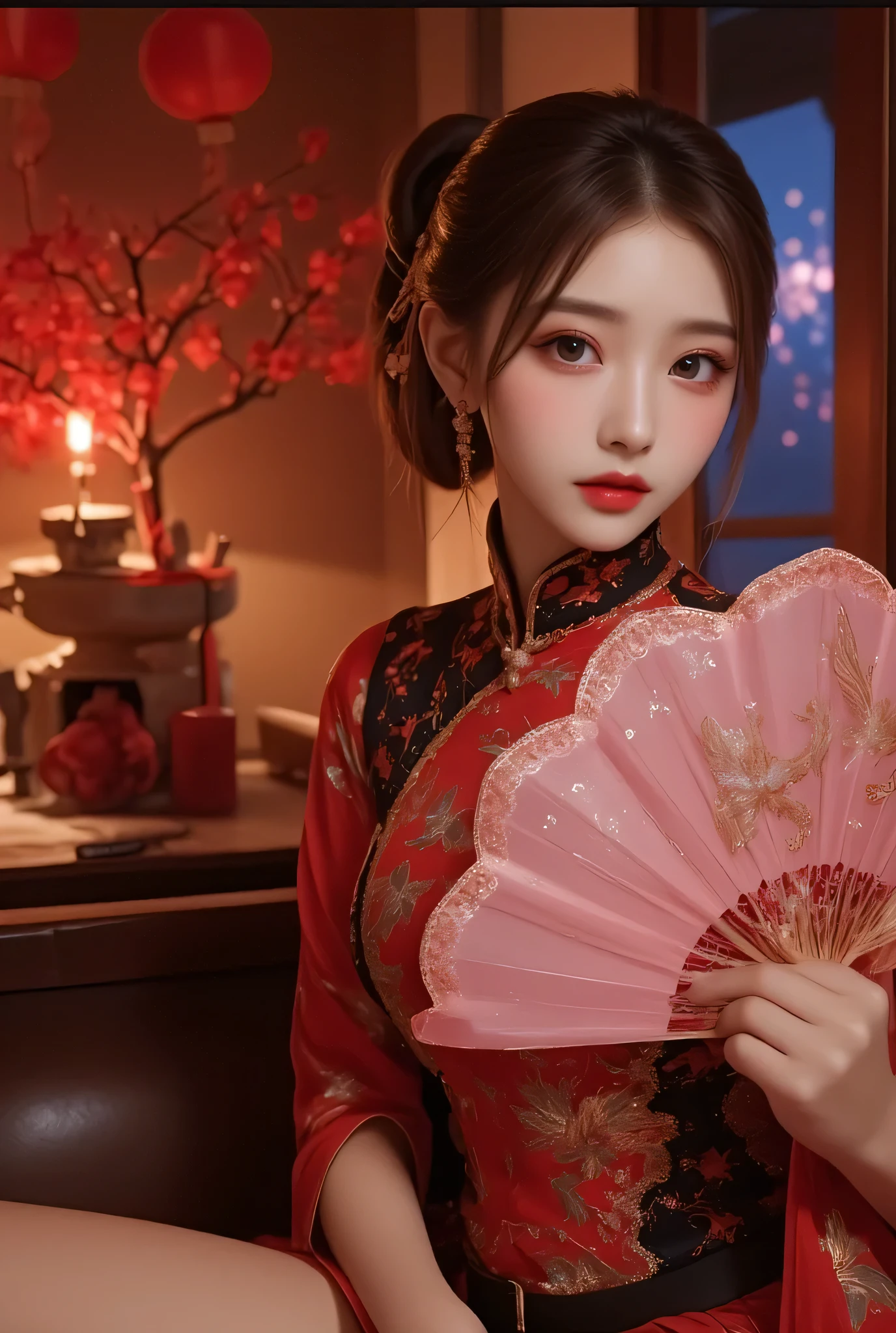(Realistic),masterpiece,best quality,cinematic lighting,natural shadow,highest detail,professional photography,detailed background,depth of field,insane details,intricate,aesthetic,detailed face,subsurface scattering,realistic hair,realistic eyes,Wide shot,looking at viewer,Close-Up,
1girl,photo of a cute girl,light smile,charming,20yo,ponytail hair,Swaying hair,full body,dynamic pose,newchinesestylesuit,
<lora:add_detail:1>,<lora:wlqc_20230909113620:0.8>,<lora:NewChineseStyleSuit_v01:0.8>,<lora:å
å½±:1>,
