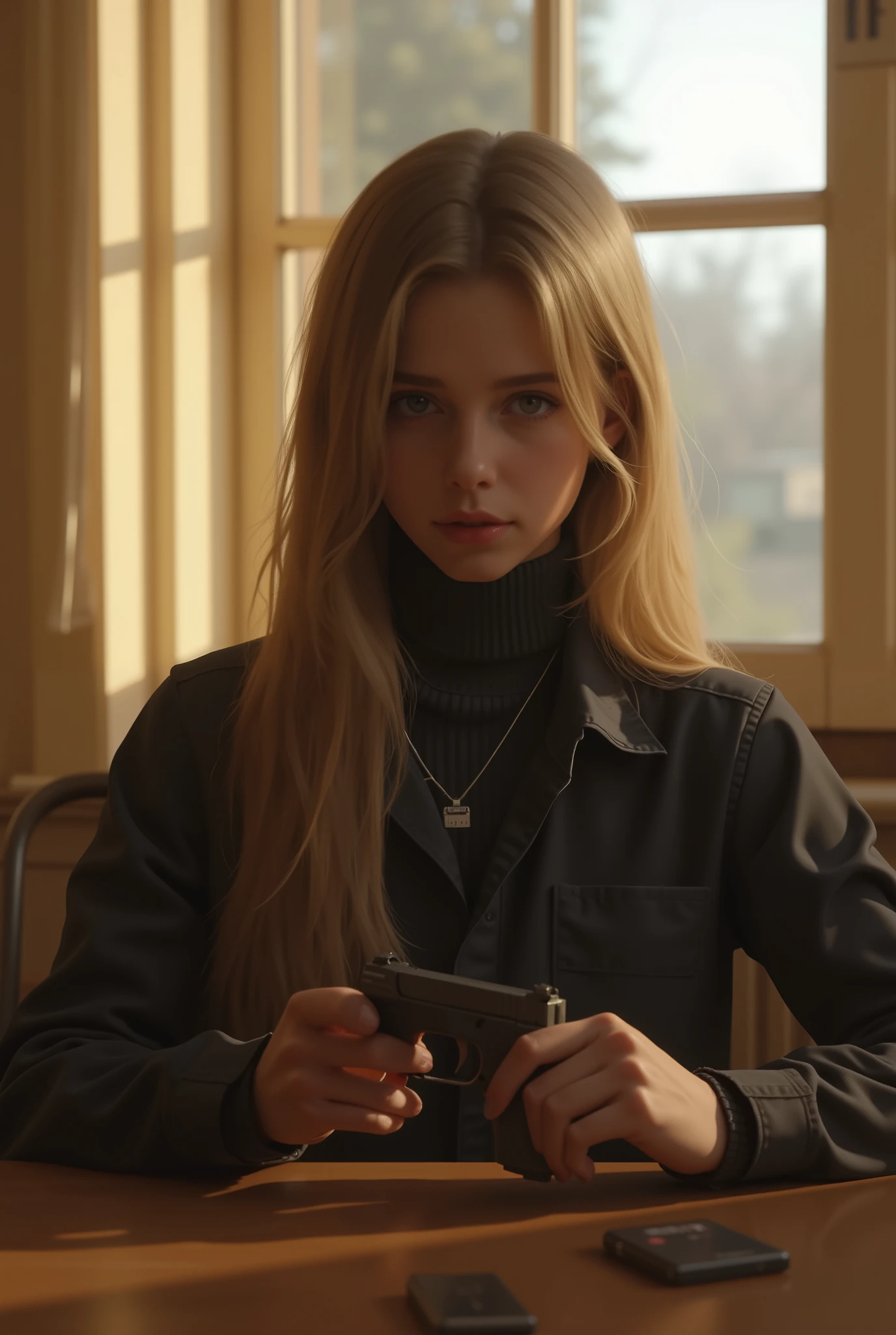 cinematic shot , semi-realistic graphics , soft warm light , russian girl, , blonde with long hair and dark brown eyes, wearing a turtleneck and shirt over , sits at a table and collects a small gun, in the background window